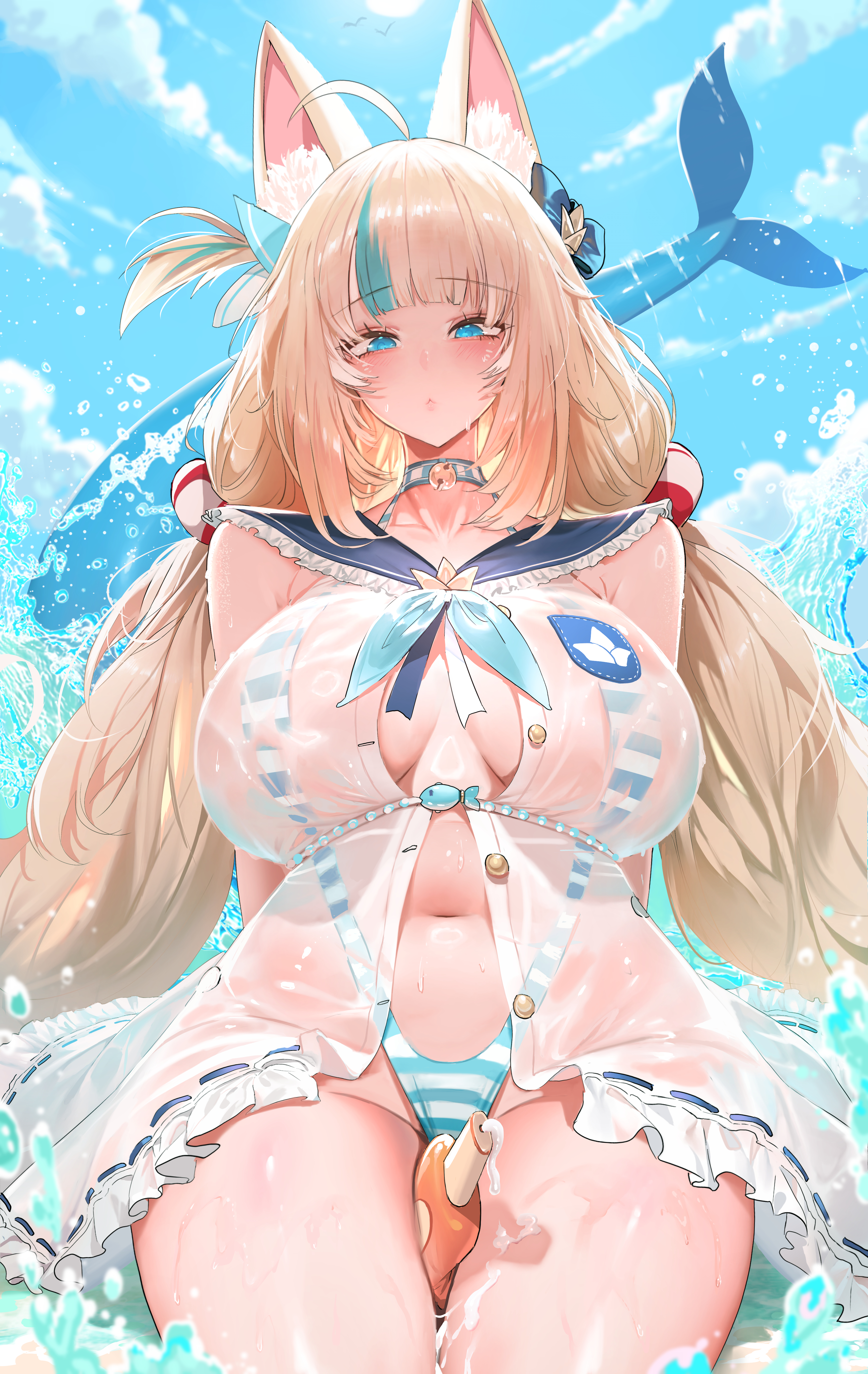 animal_ears cream dishwasher1910 indie_virtual_youtuber sameko_saba see_through sling_bikini swimsuits tail wet wet_clothes
