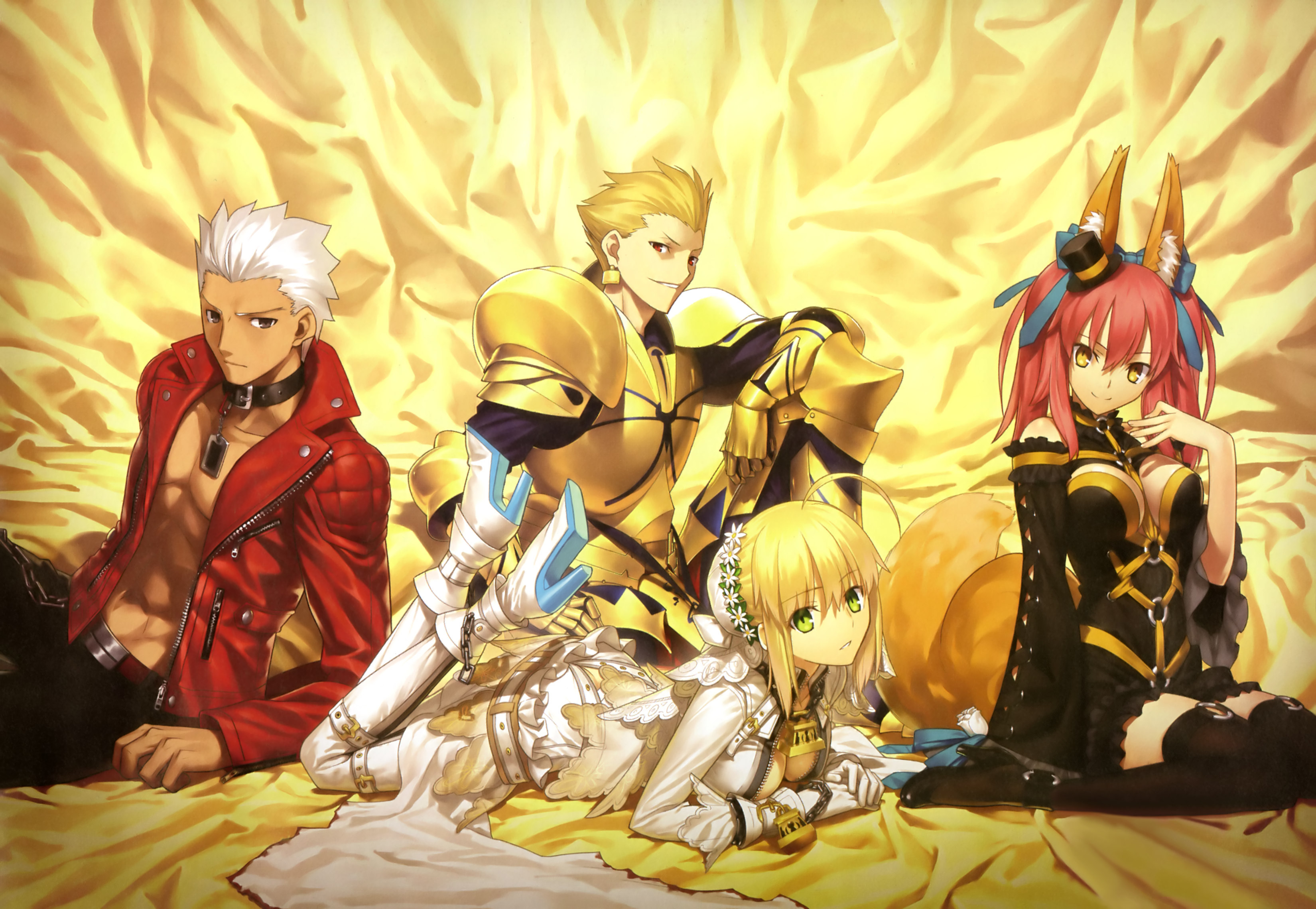 animal_ears archer cleavage fate/extra fate/extra_ccc fate/stay_night gilgamesh_(fate) kitsune saber_bride saber_extra tail takeuchi_takashi tamamo_no_mae thighhighs