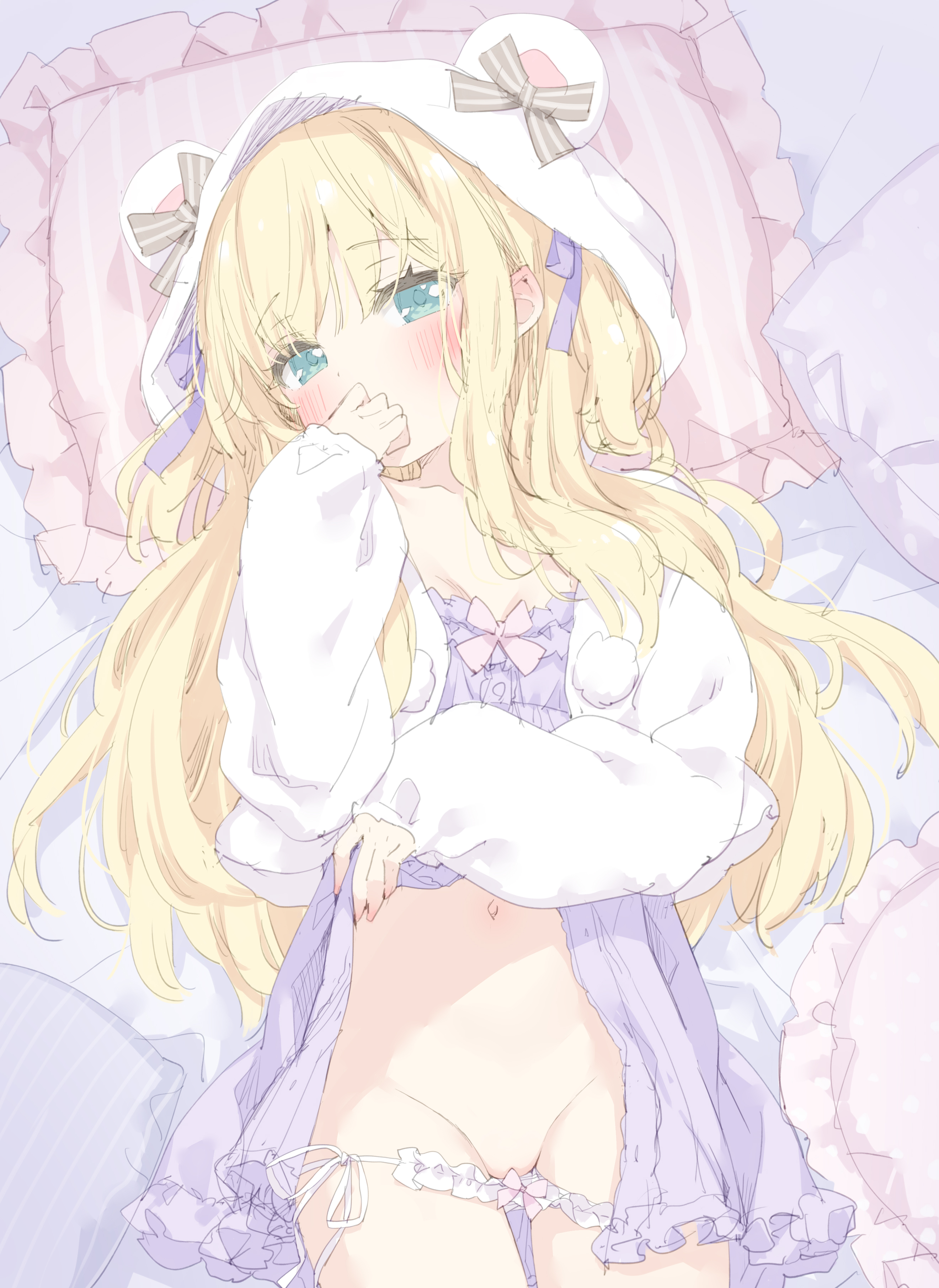 animal_ears kani_biimu lingerie loli pajama pantsu panty_pull shimotsuki_potofu sketch skirt_lift string_panties