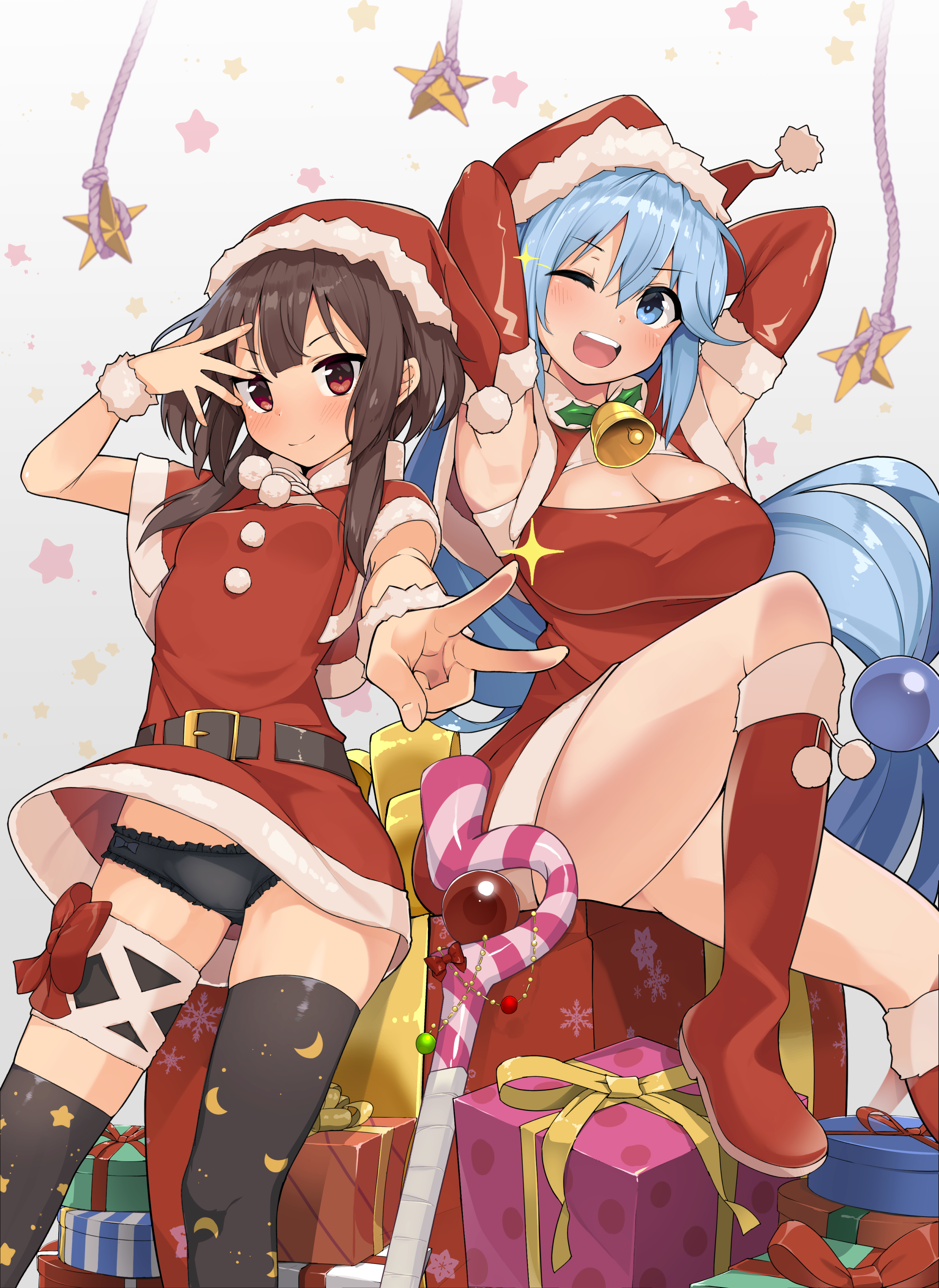 aqua_(konosuba) christmas cleavage dress garter jovejun kono_subarashii_sekai_ni_shukufuku_wo! megumin pantsu skirt_lift thighhighs