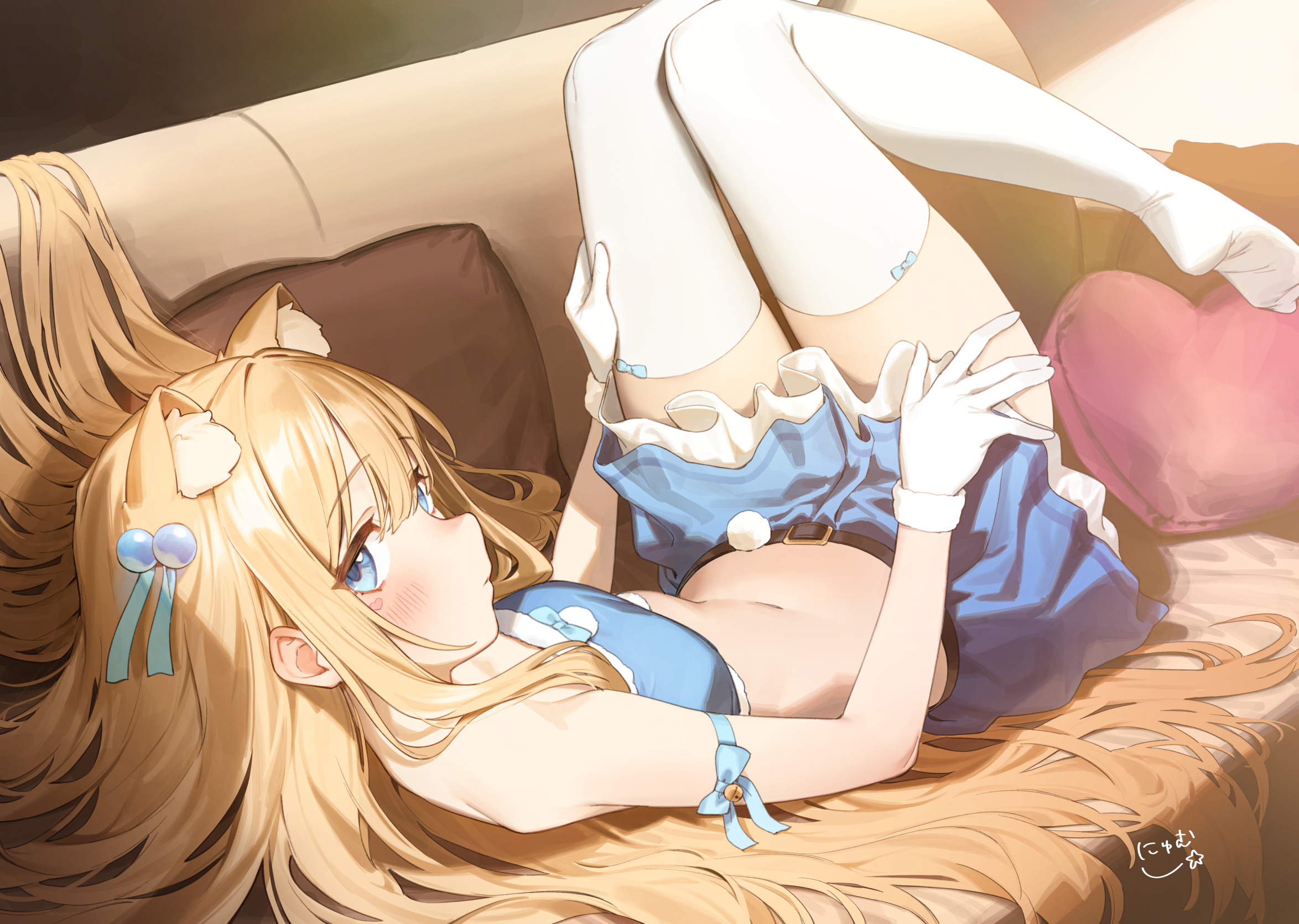 animal_ears nekomimi no_bra nyum skirt_lift thighhighs