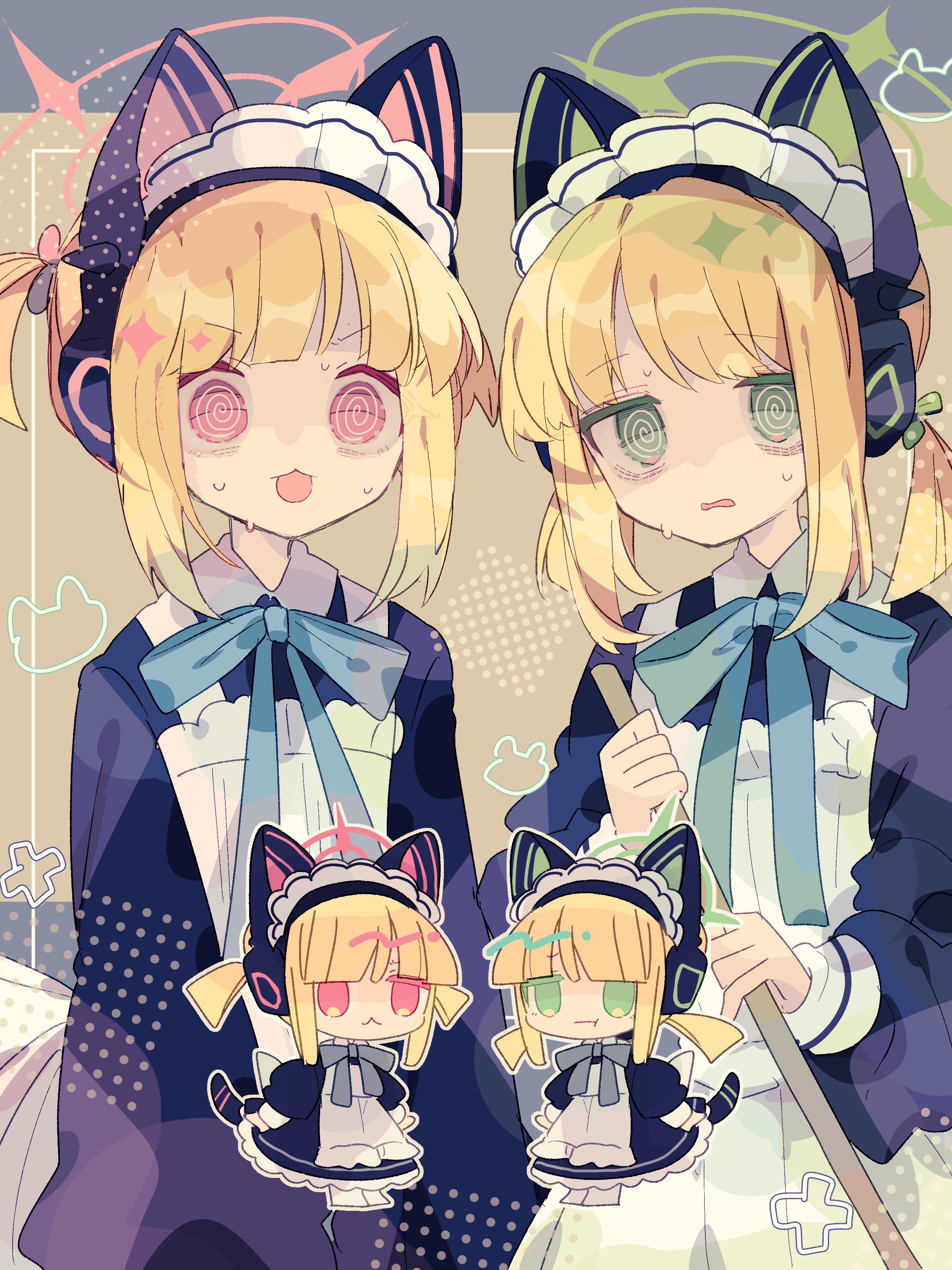 animal_ears blue_archive chibi halo headphones maid nekomimi nikorashika saiba_midori saiba_momoi tail