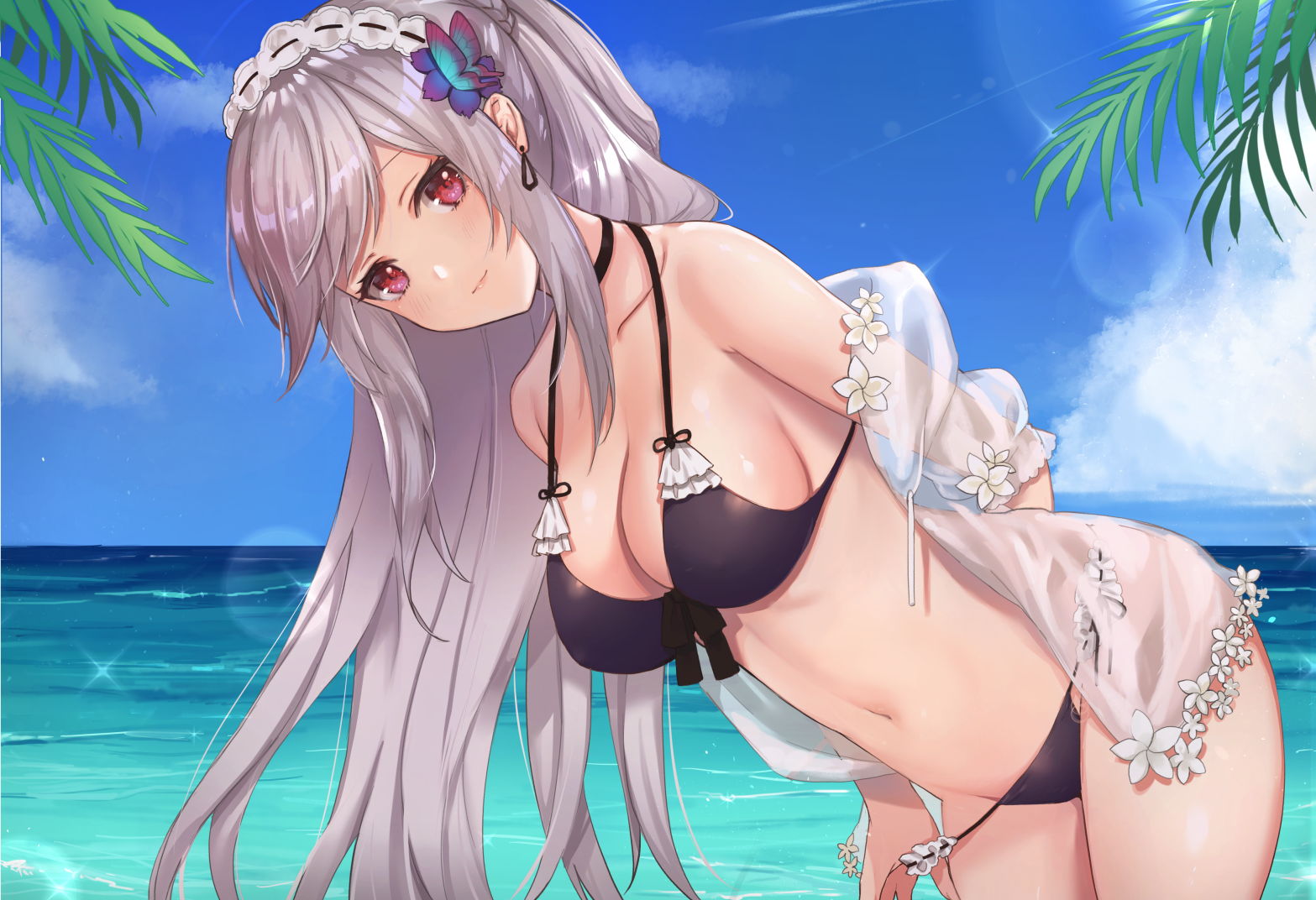 azur_lane bikini cleavage dunkerque_(azur_lane) kon_(k0n16) open_shirt panty_pull see_through swimsuits undressing