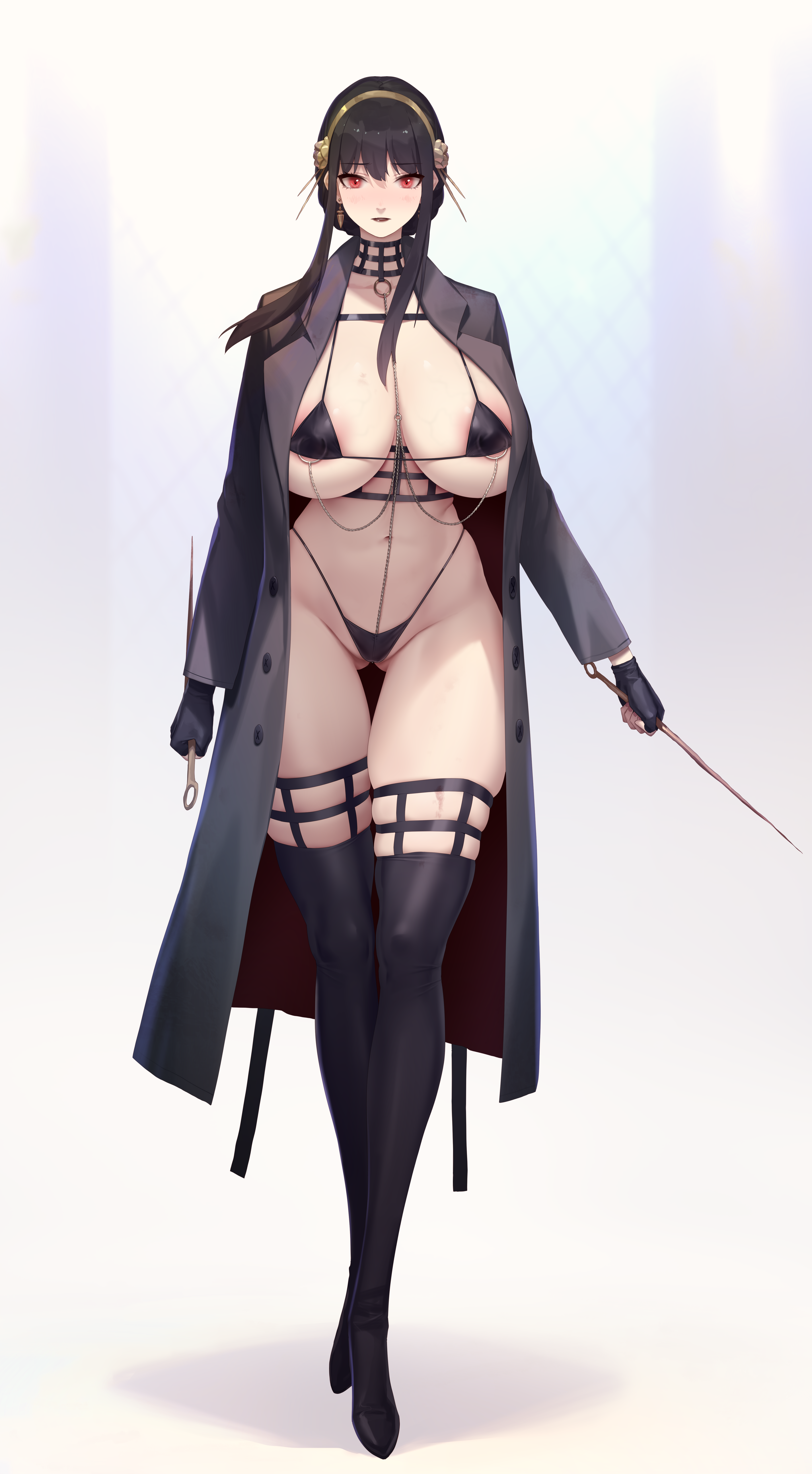 areola bikini erect_nipples open_shirt rekaerb_maerd spy_x_family swimsuits thighhighs thong weapon yor_briar