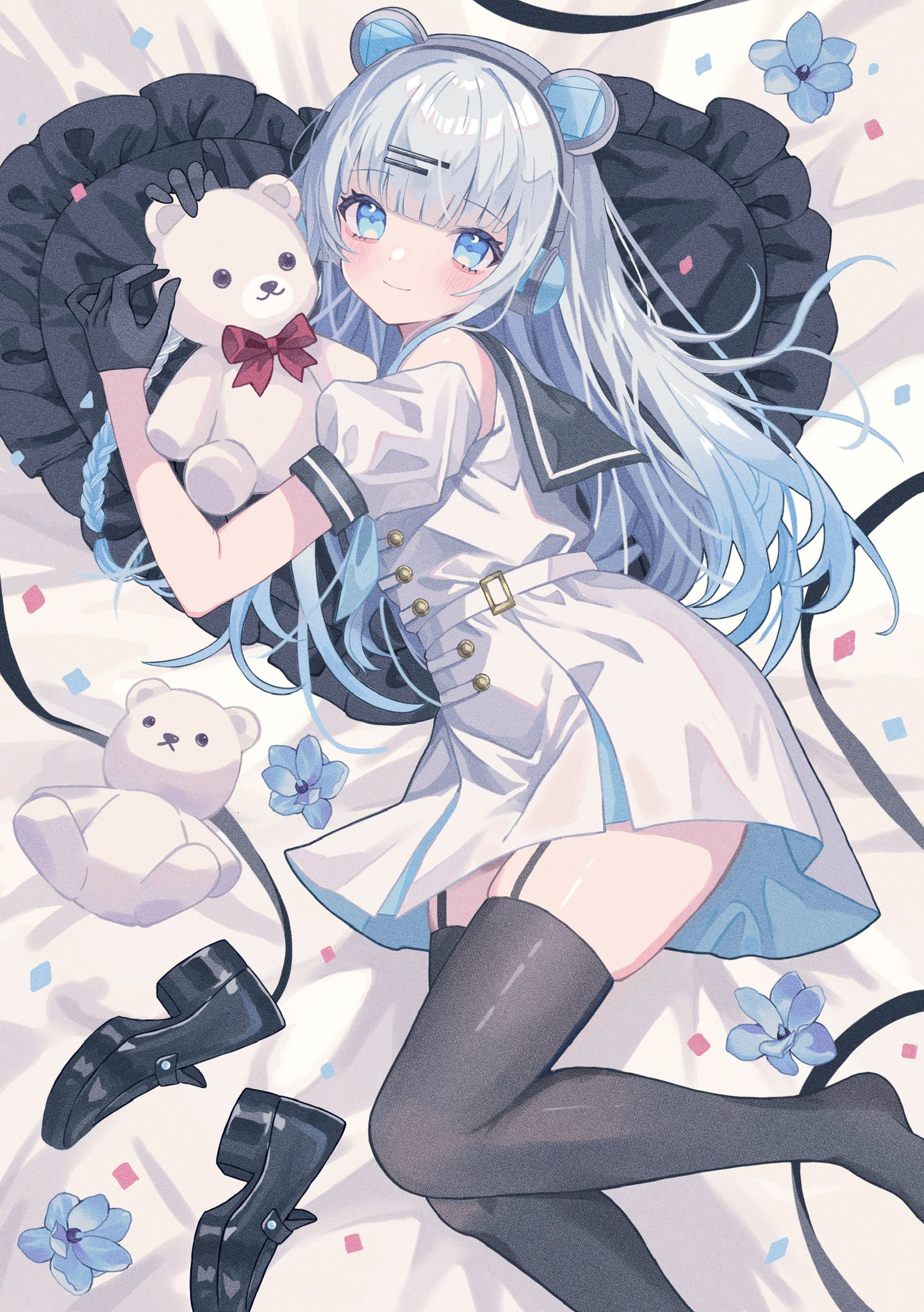 animal_ears headphones indie_virtual_youtuber see_through seifuku skirt_lift stockings thighhighs usui_yura yuzuriha_(nx_e78)