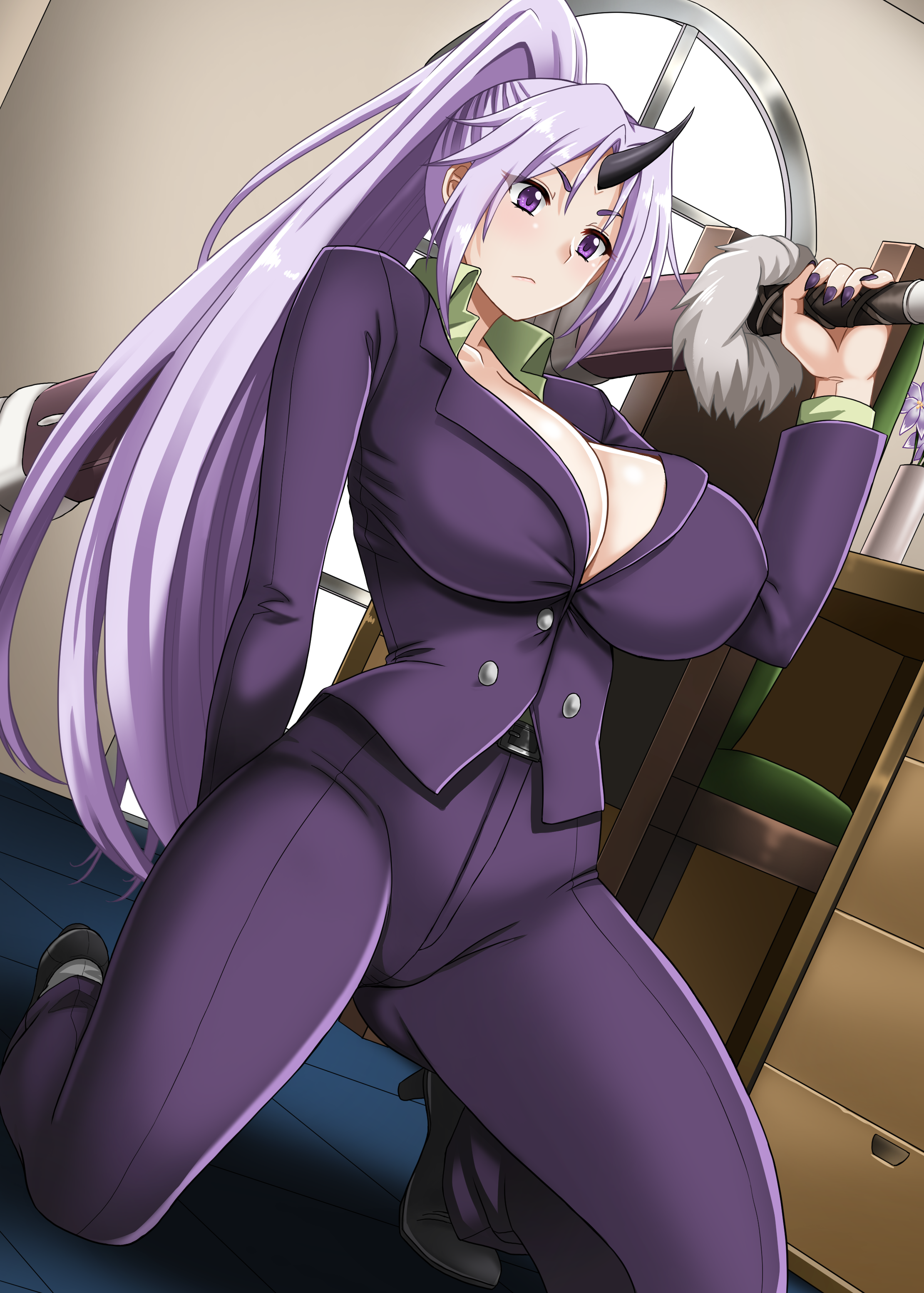 business_suit cleavage heels hellandheaven horns no_bra open_shirt shion_(tensura) sword tensei_shitara_slime_datta_ken