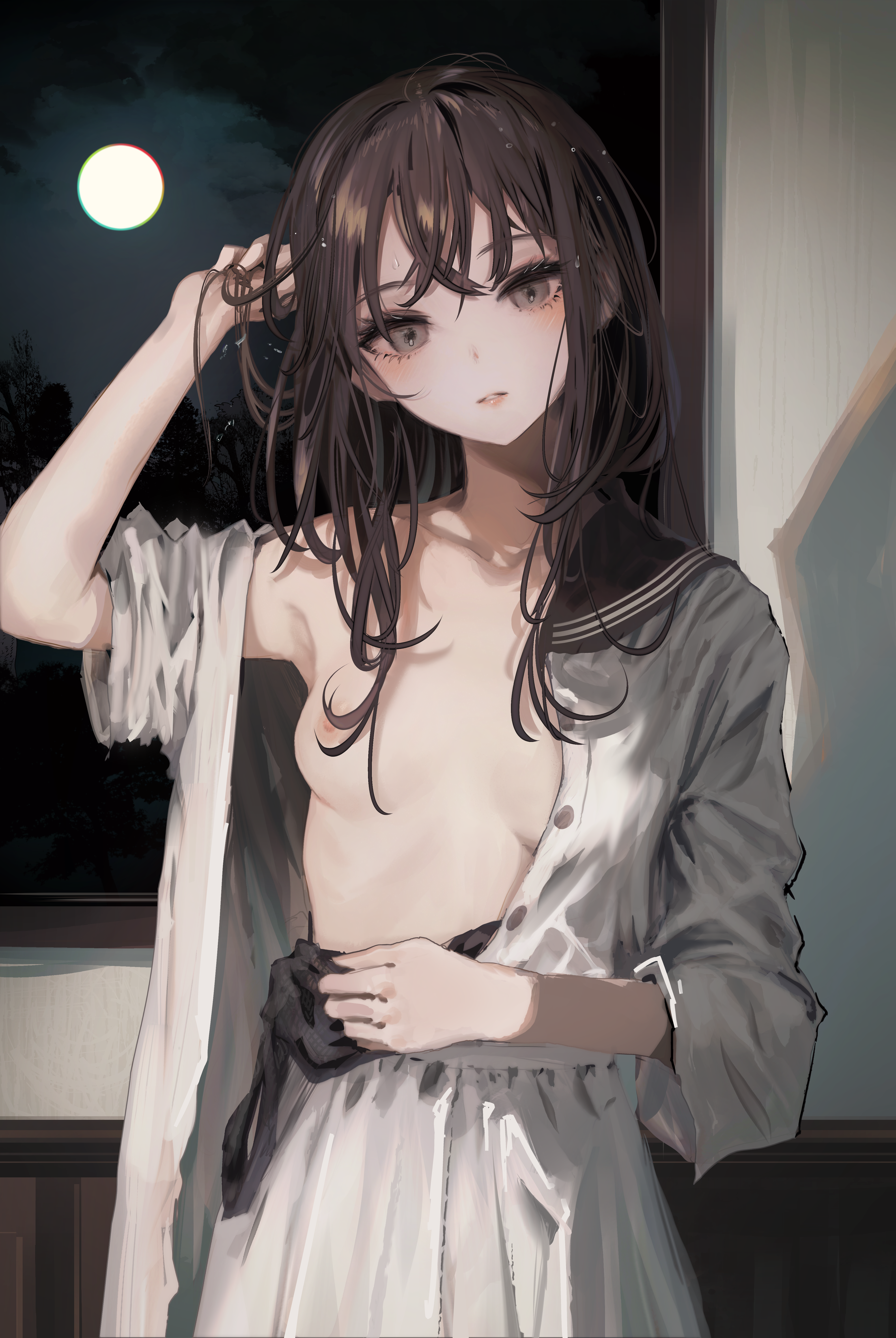 breasts detexted inamori_ryuusa nipples no_bra open_shirt seifuku wet