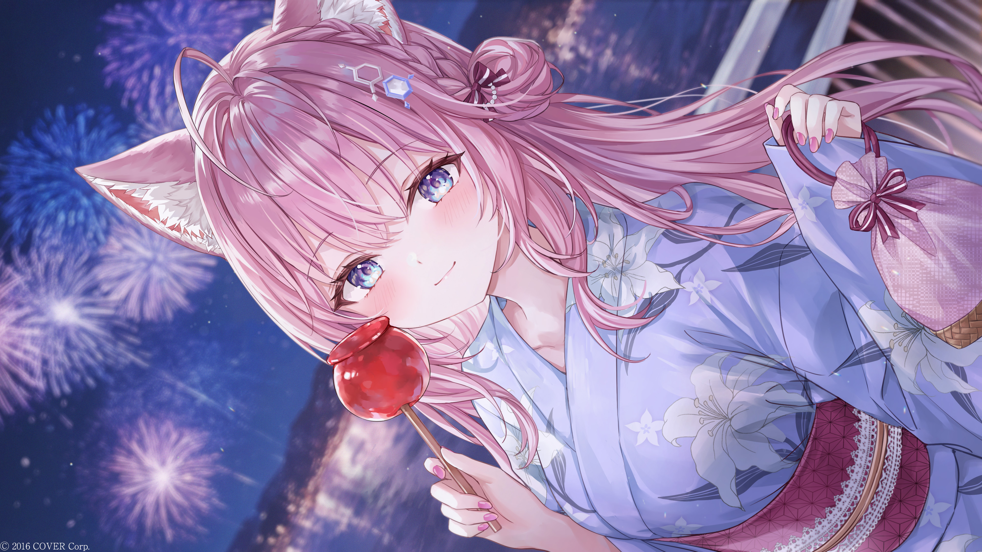 animal_ears hakui_koyori hige_neko hololive wallpaper yukata