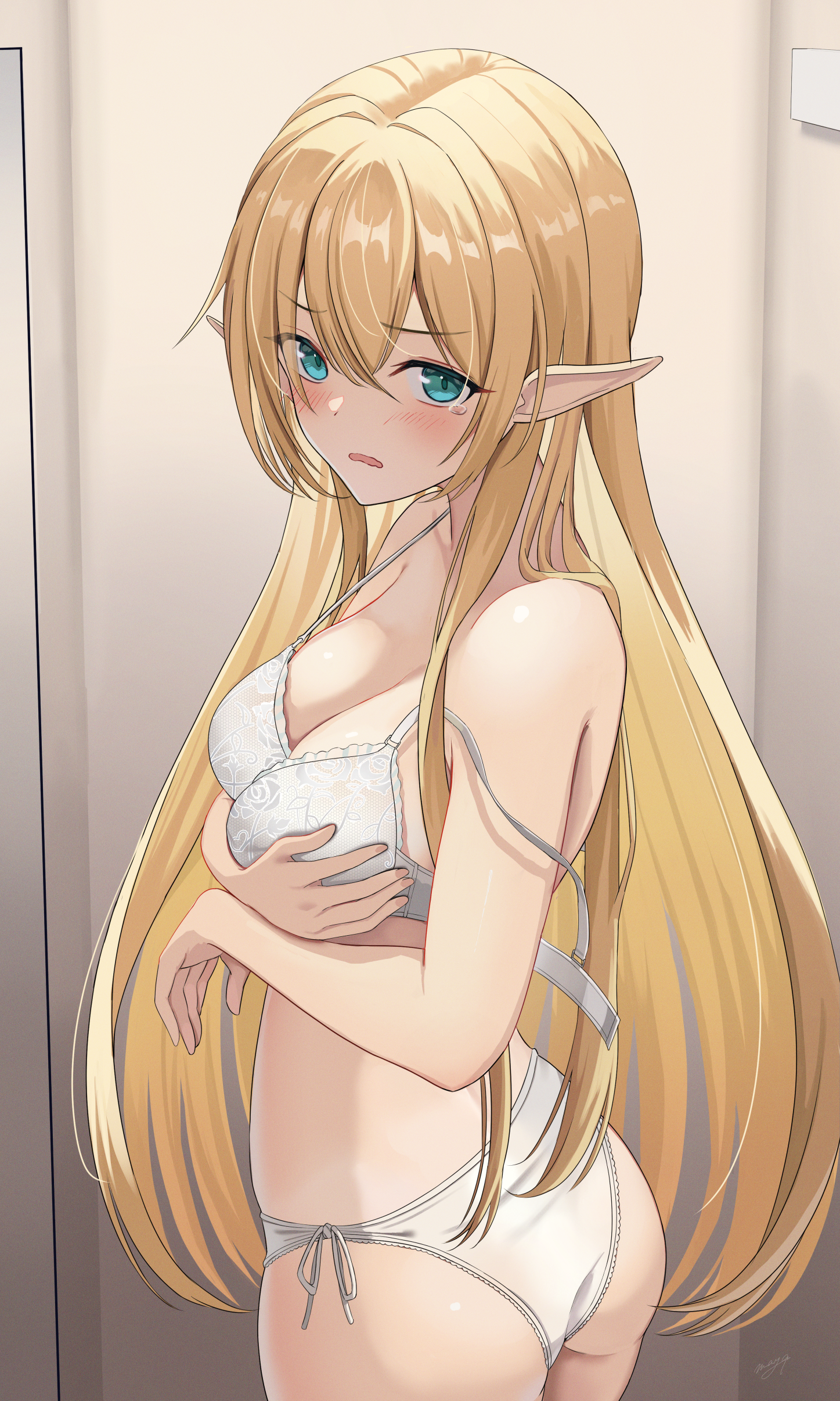 ass bra breast_hold elf may9 pantsu pointy_ears string_panties