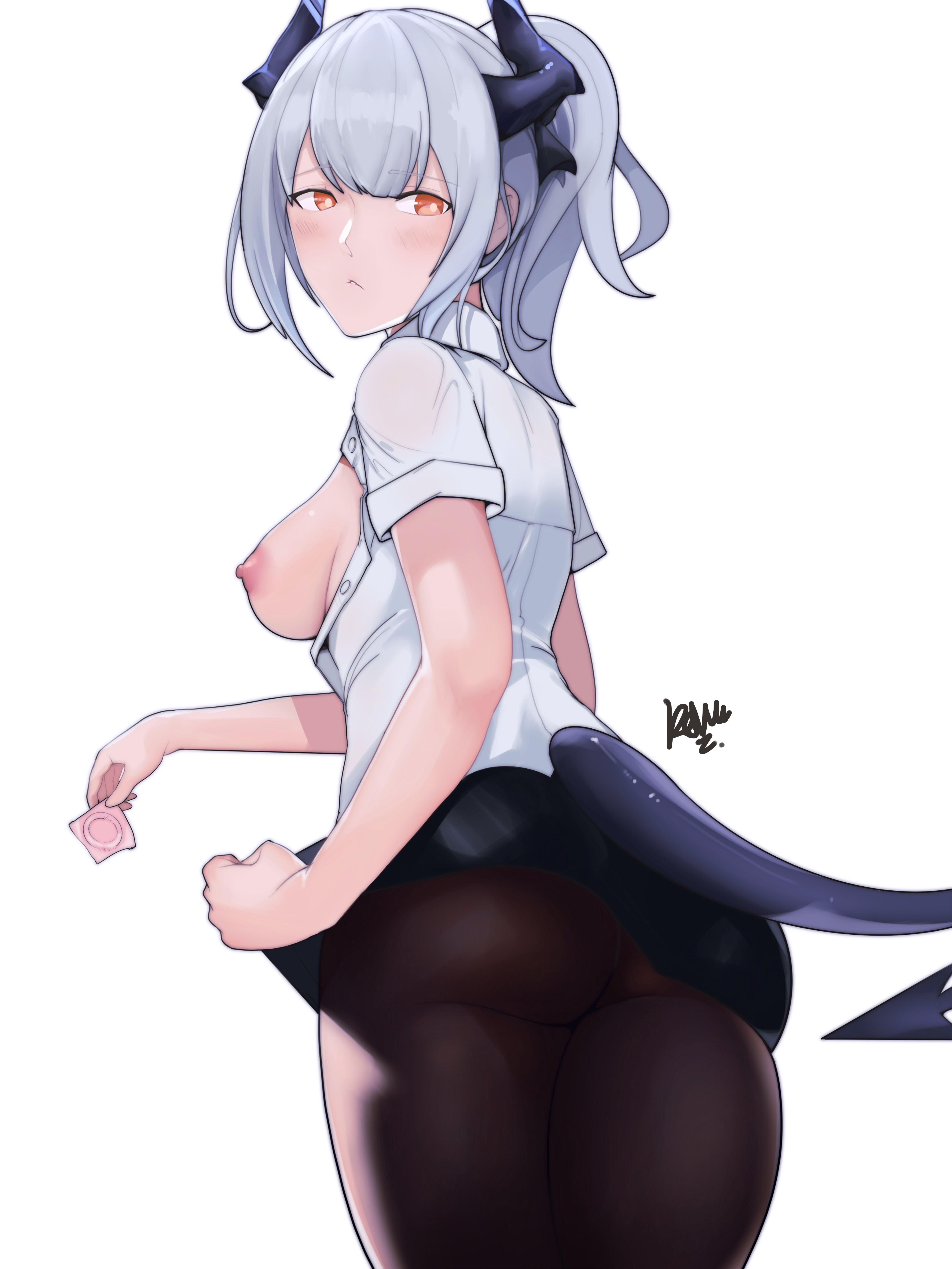 arknights ass breasts horns kewu liskarm_(arknights) nipples no_bra open_shirt pantyhose skirt_lift tail