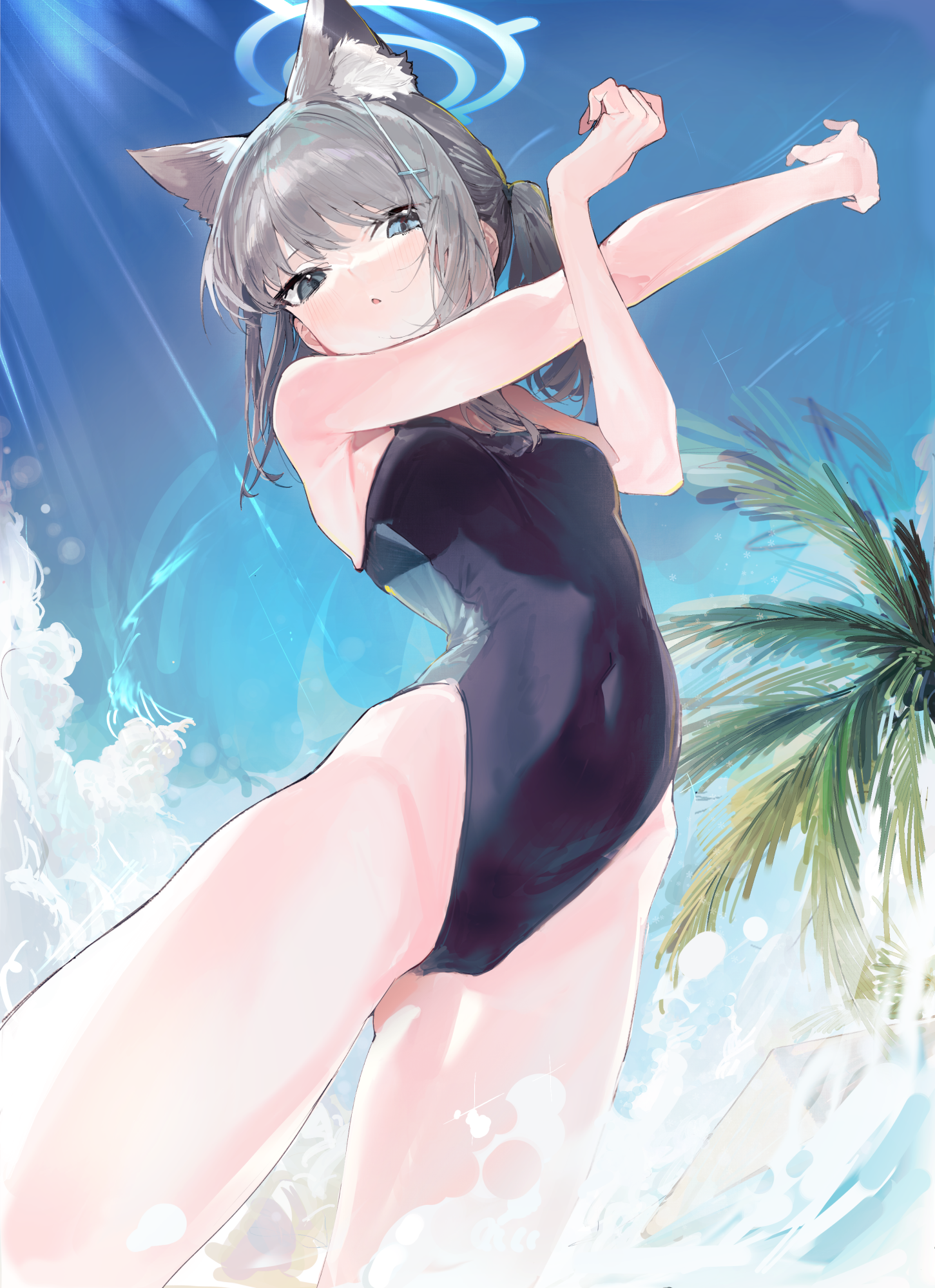 aida_(chinhung0612) animal_ears blue_archive halo nekomimi school_swimsuit sunaookami_shiroko swimsuits