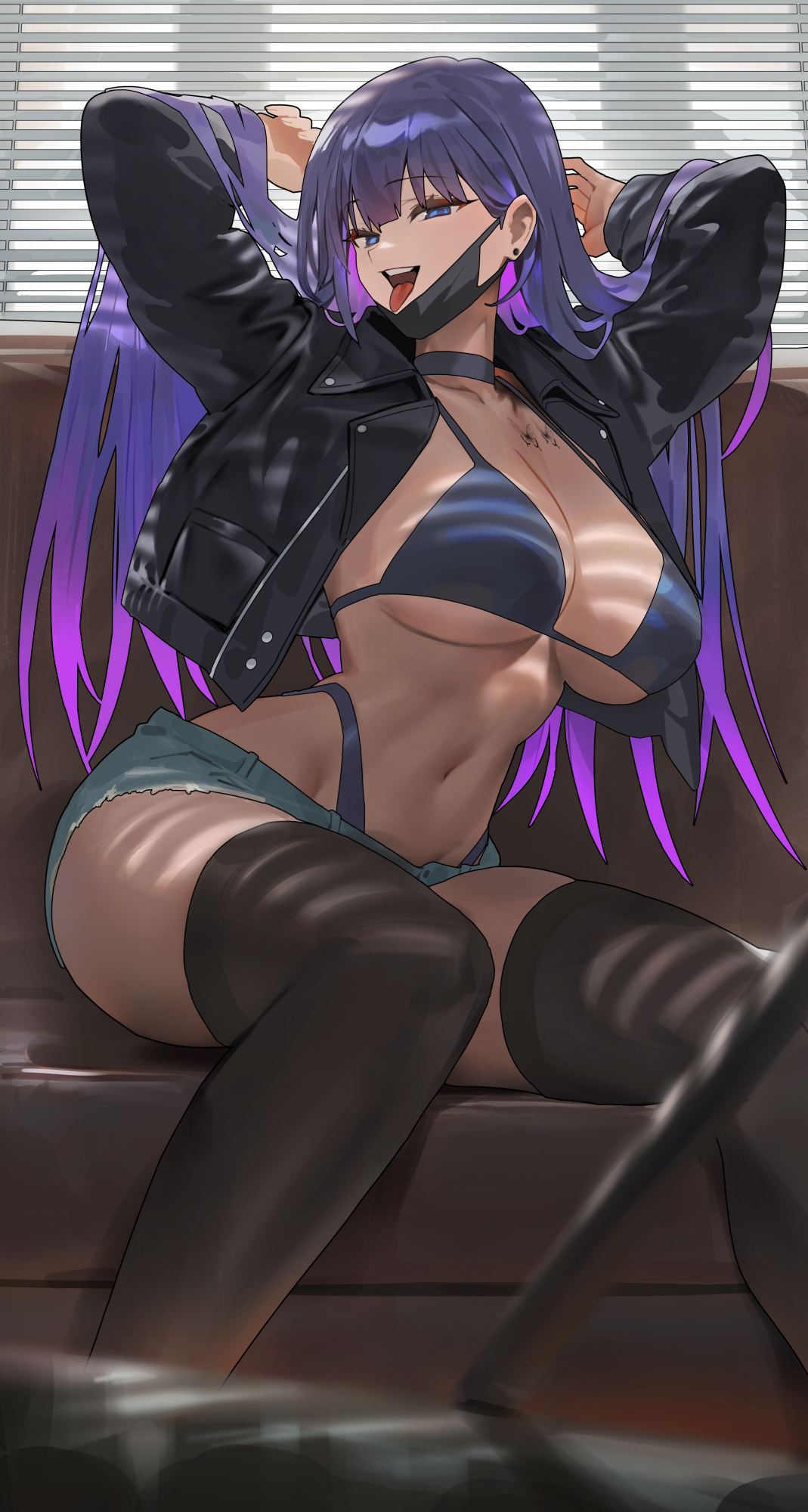 bra hood_(james_x) open_shirt pantsu tattoo thighhighs yuna_(biya_(1024))