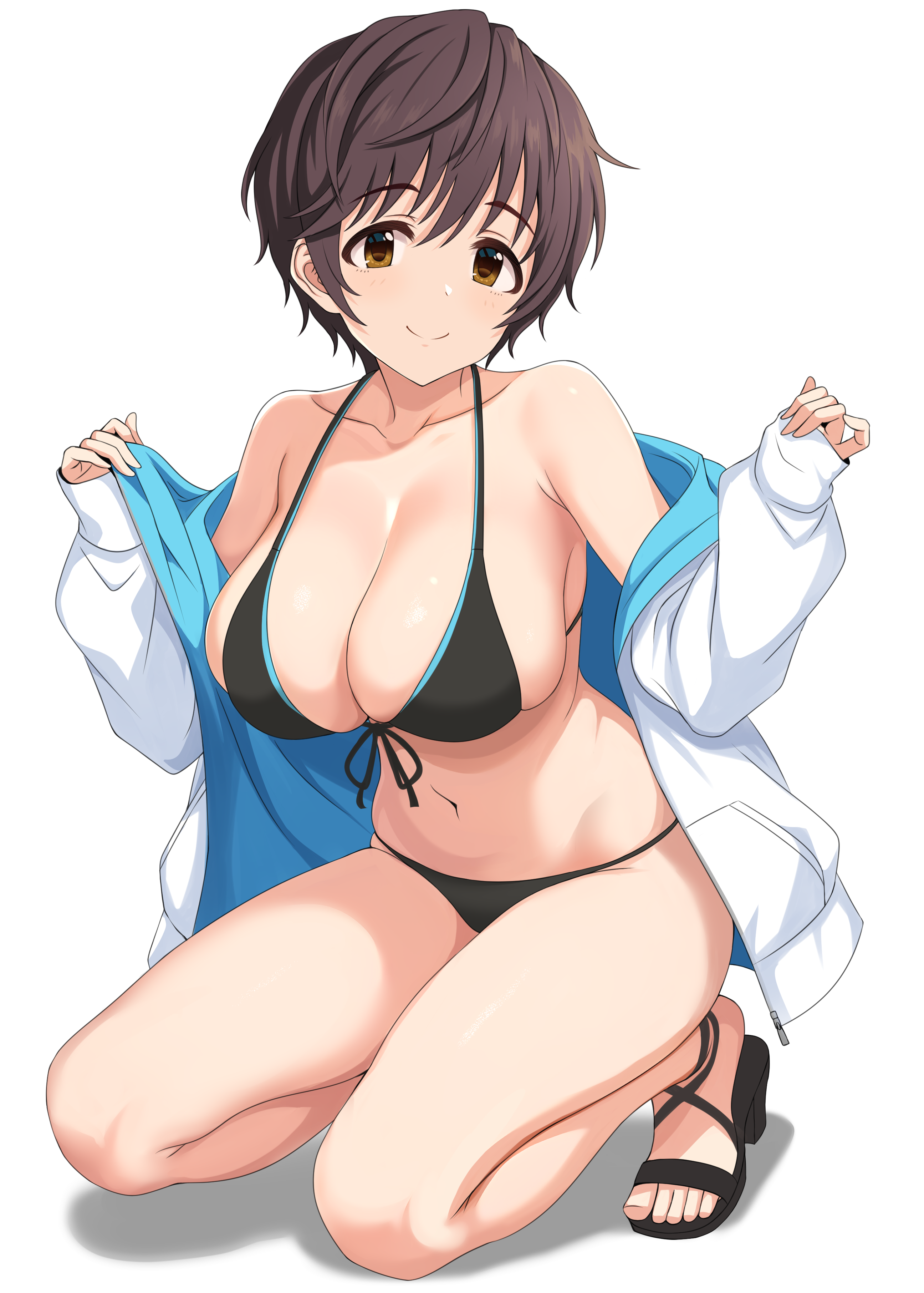 baji_toufuu_(bajitohfu) bikini heels oikawa_shizuku open_shirt swimsuits the_idolm@ster the_idolm@ster_cinderella_girls undressing