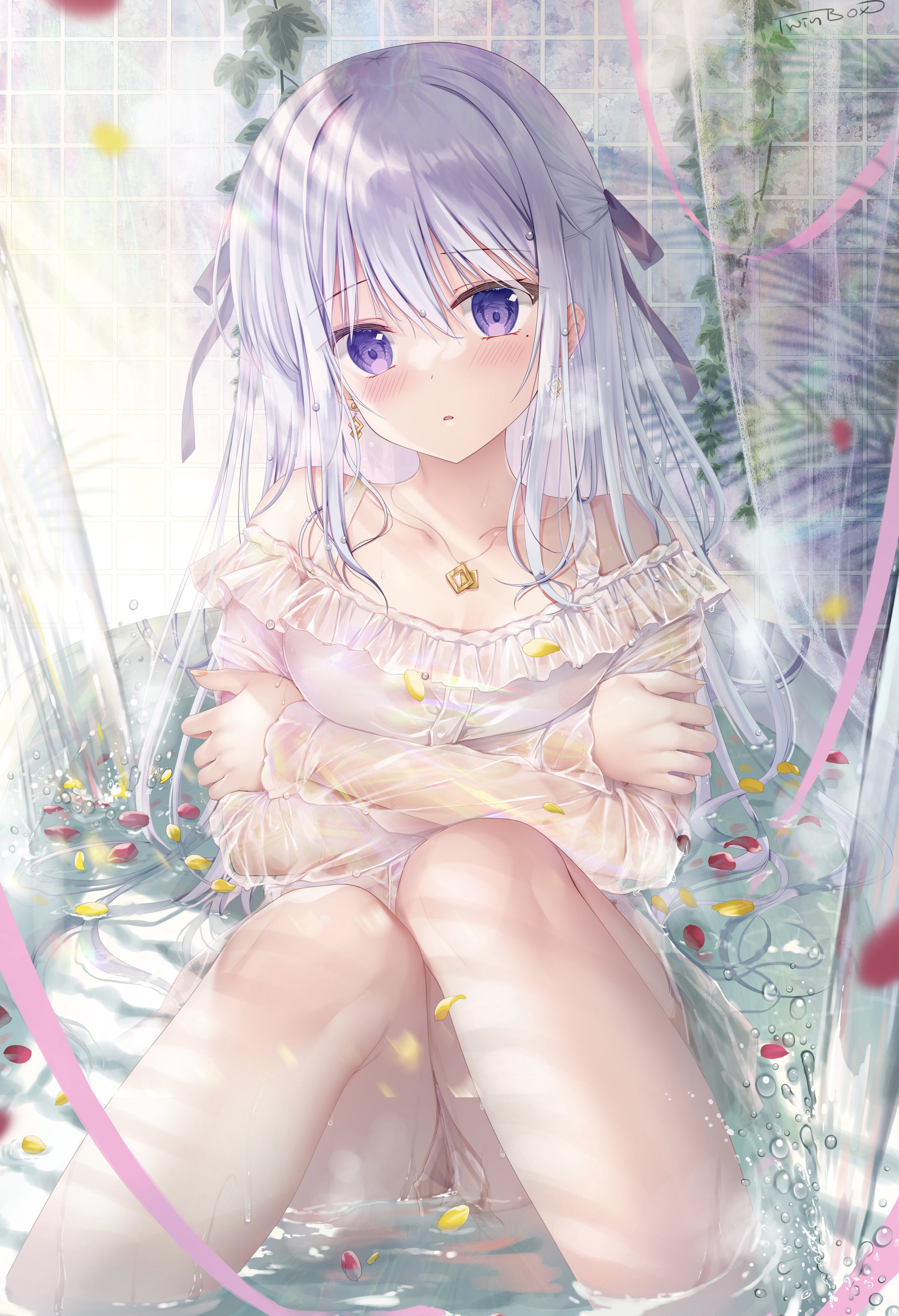 dress hiiragi_asuka_(twinbox) see_through skirt_lift twinbox twinbox_(circle) twinbox_gakuen wet wet_clothes