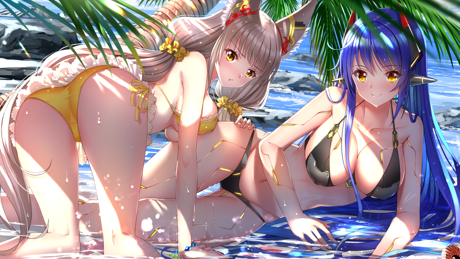 animal_ears ass bikini erect_nipples hana_(xenoblade_2) hana_jd niyah niyah_(blade) swimsuits swordsouls wallpaper wet xenoblade_(series) xenoblade_2