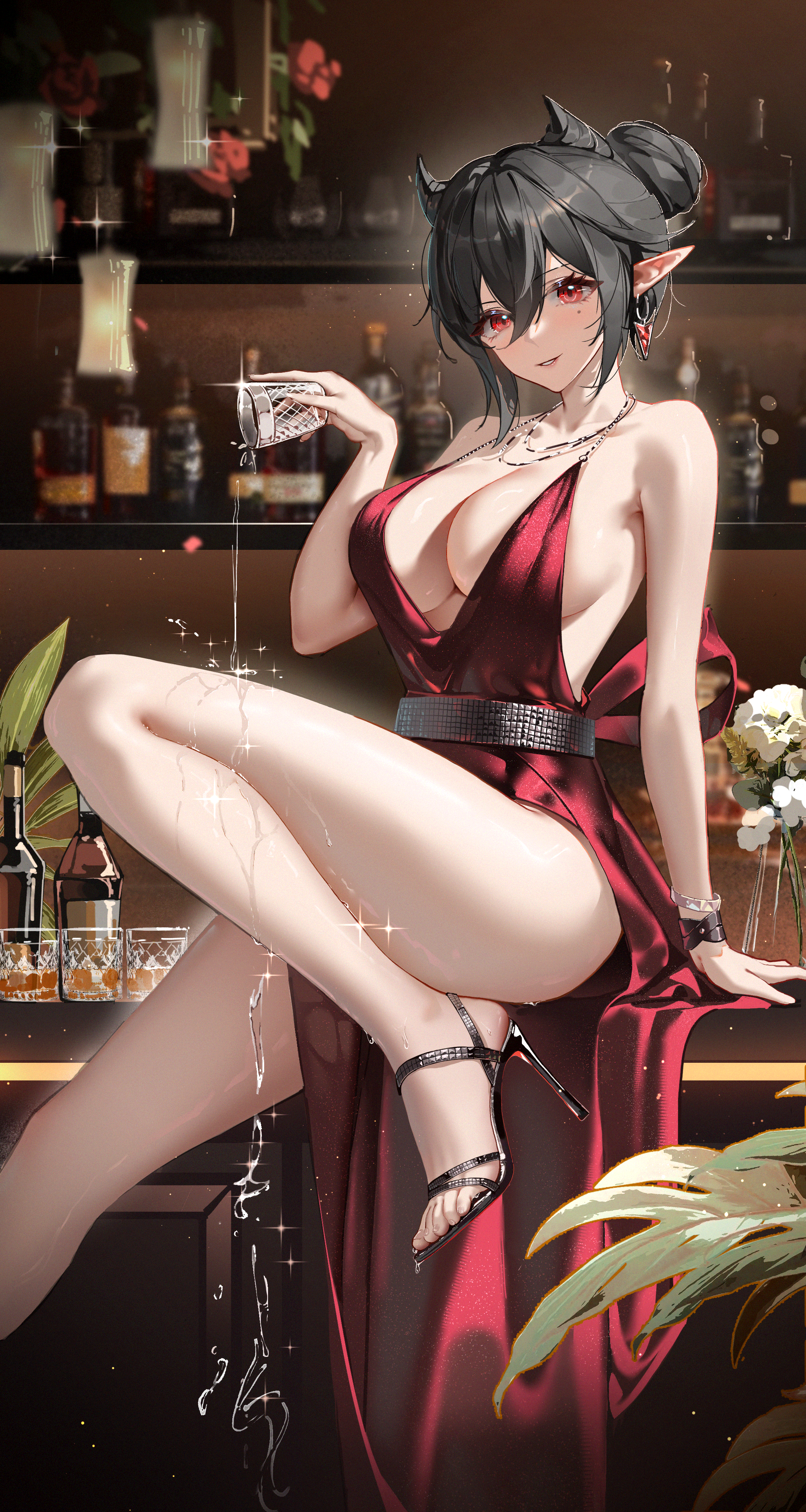 arknights artist_revision dress entelechia heels no_bra pointy_ears wet xiami_(pixiv_102487718)