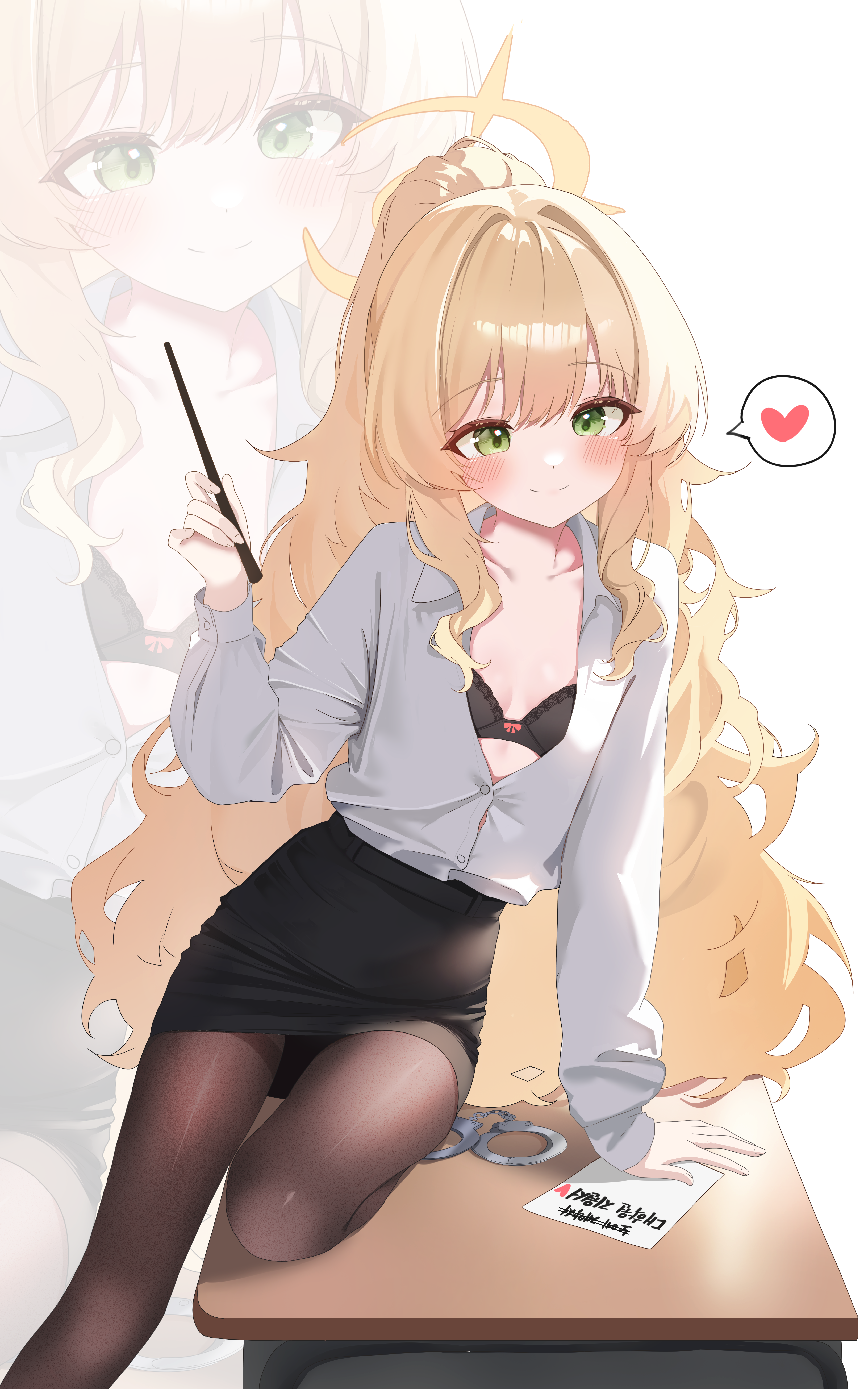 blue_archive bra drawing_flover dress_shirt halo loli open_shirt pantyhose professor_niyaniya skirt_lift