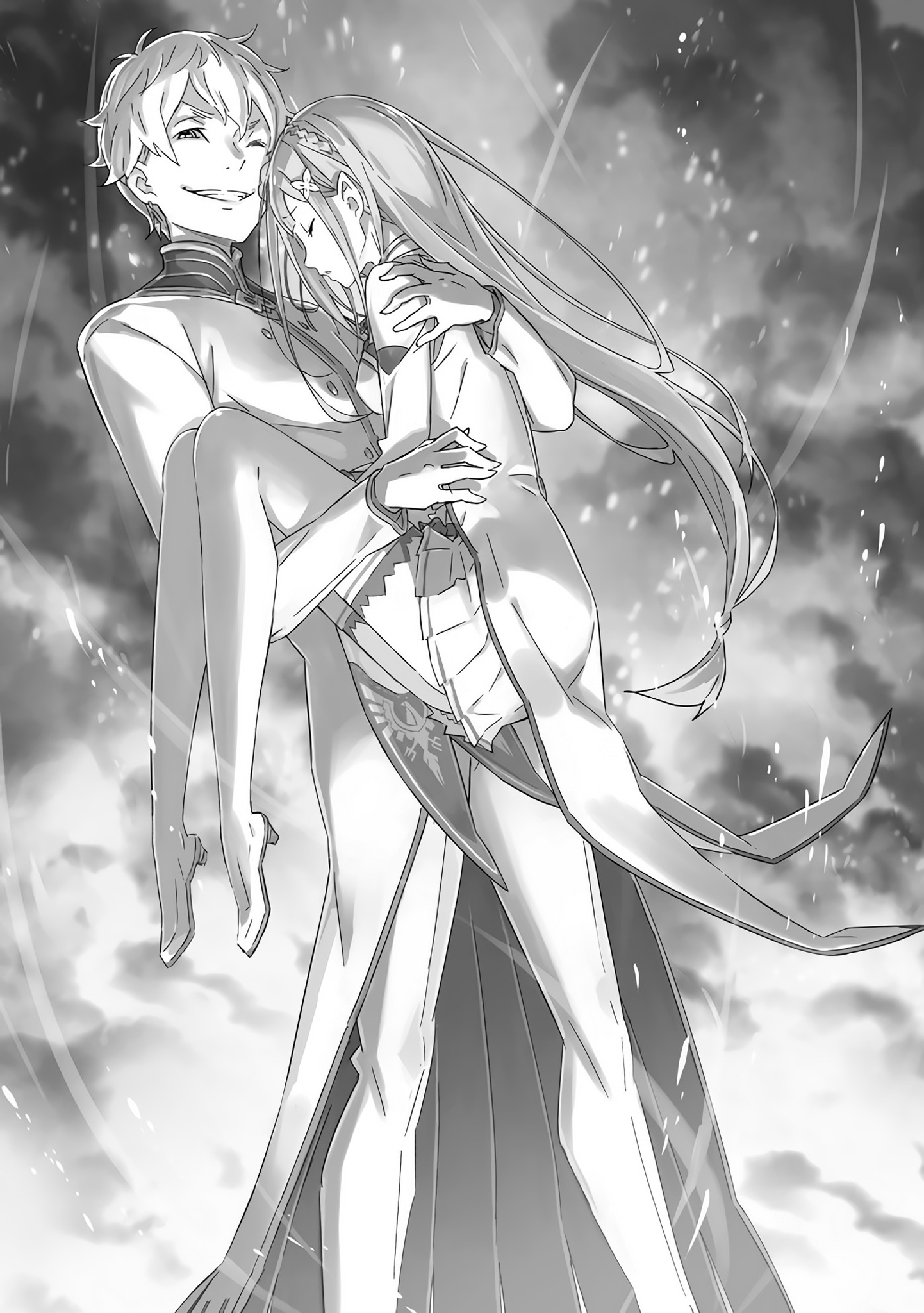 elf emilia_(re_zero) heels monochrome ootsuka_shinichirou pointy_ears re:zero_kara_hajimeru_isekai_seikatsu regulus_corneus skirt_lift thighhighs