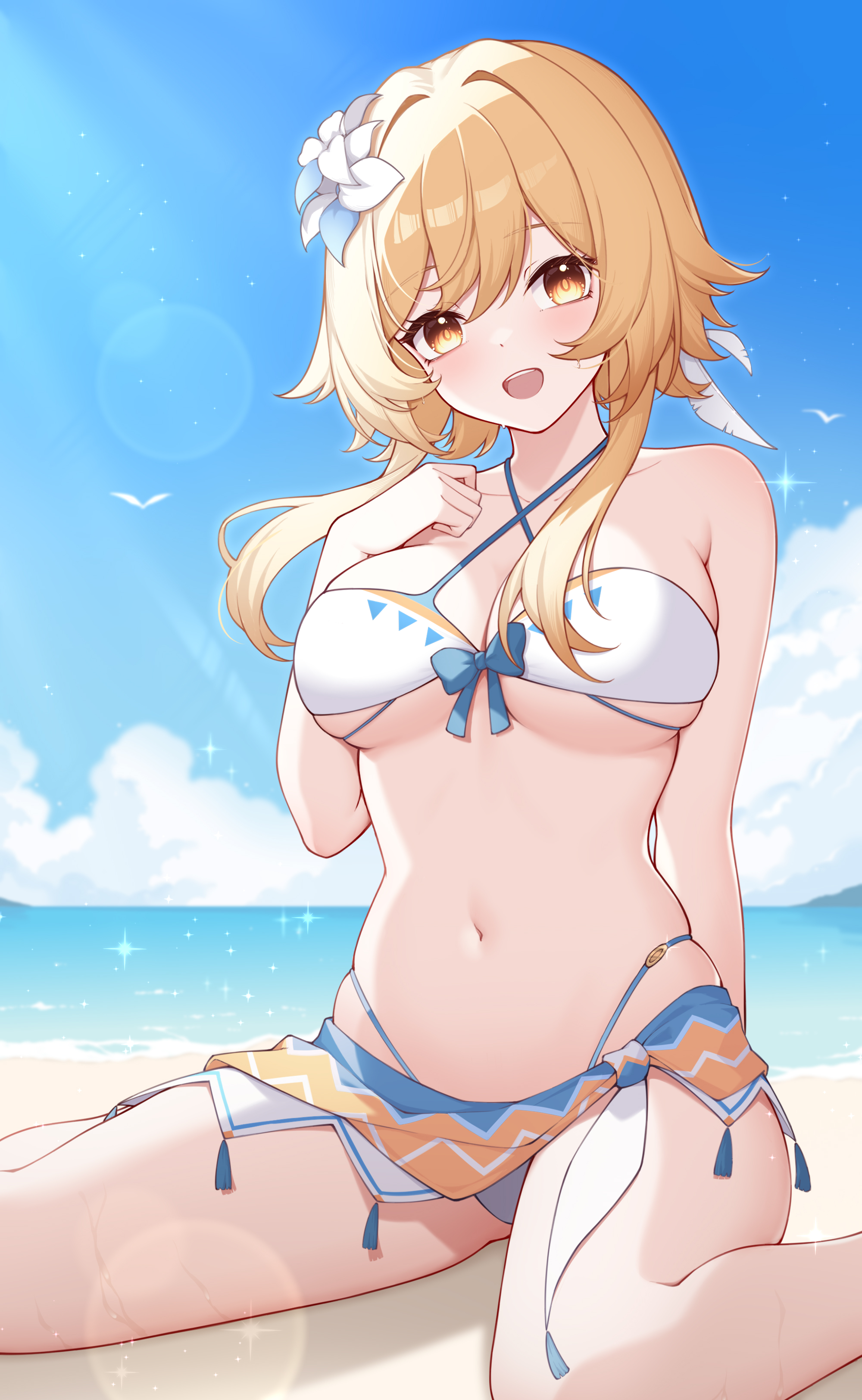 bikini genshin_impact lumine poinia skirt_lift swimsuits wet