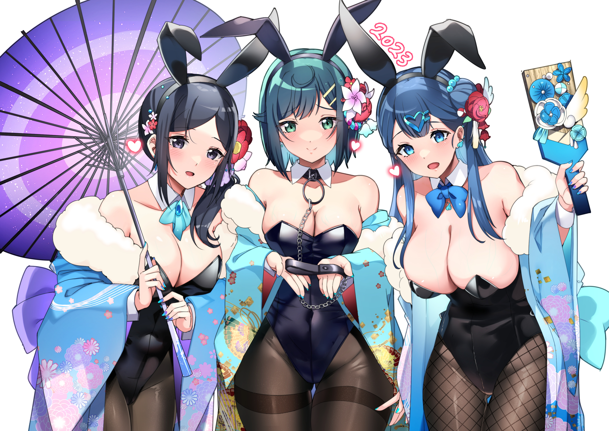 animal_ears bunny_ears bunny_girl delicious_party_precure fishnets fuwa_kokone healin'_good_precure hugtto!_precure kimono no_bra pantyhose precure rumo sawaizumi_chiyu umbrella yakushiji_saaya