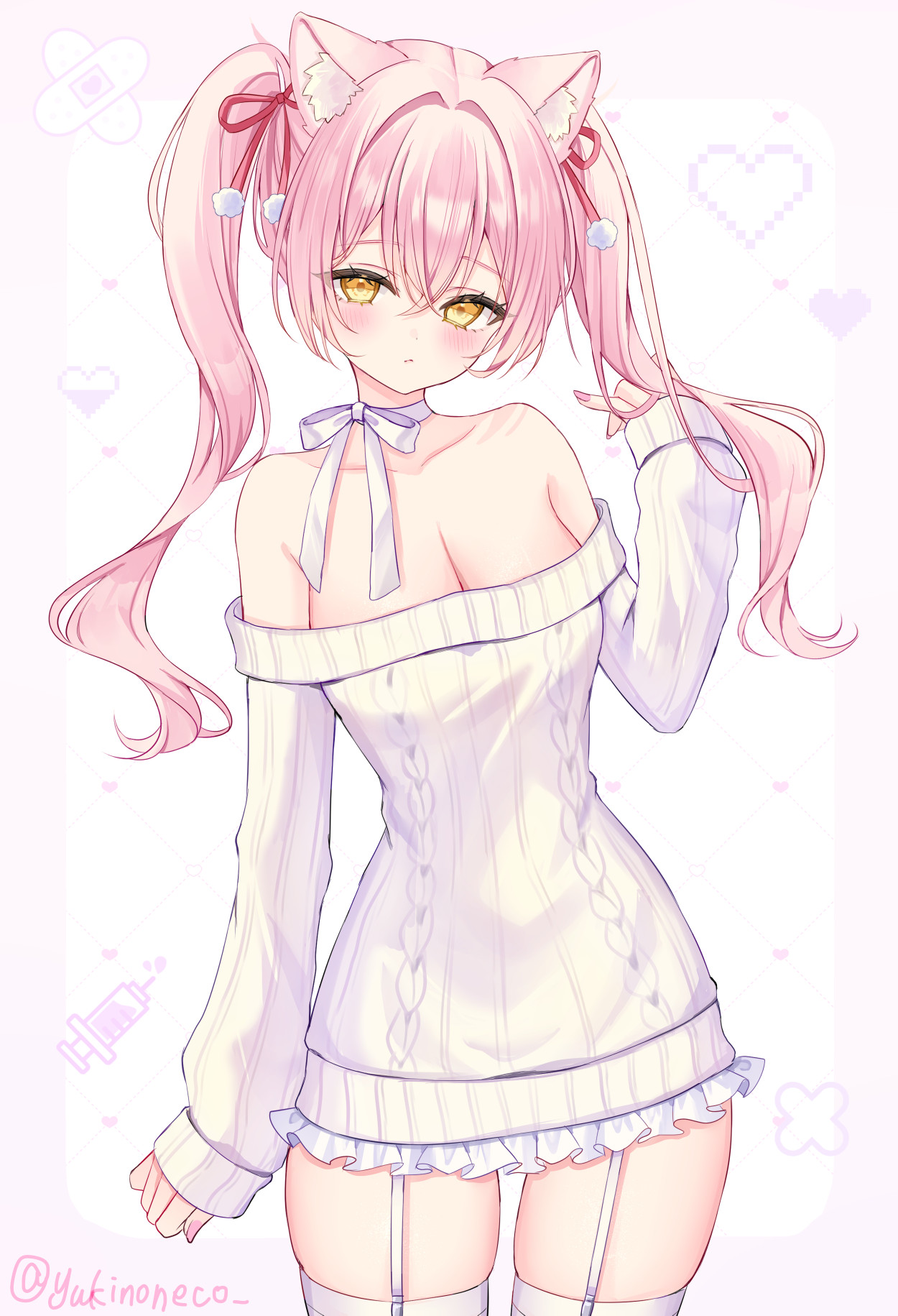 animal_ears no_bra stockings suineco sweater thighhighs