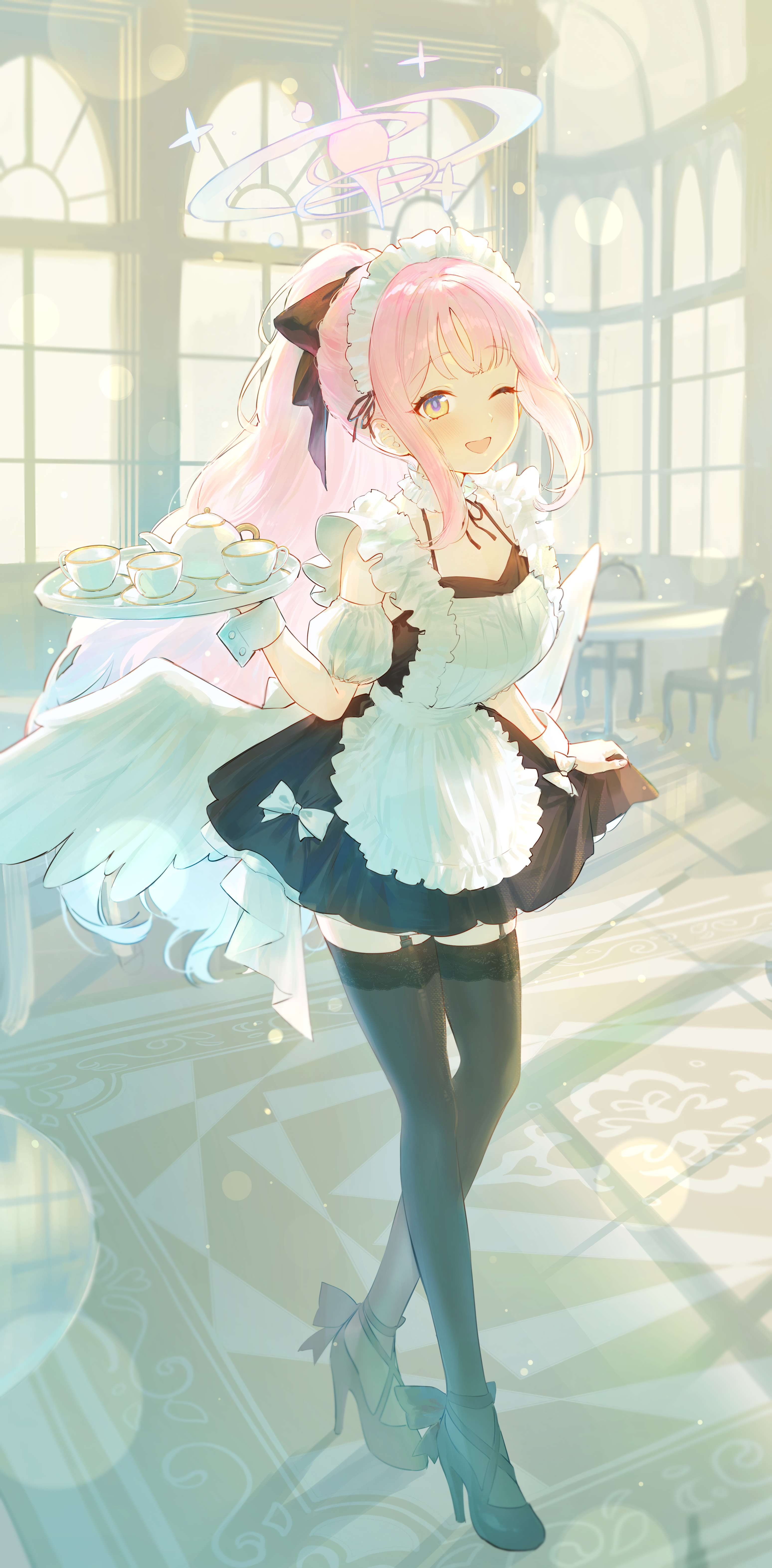 angel blue_archive eshineko heels maid misono_mika skirt_lift stockings thighhighs wings