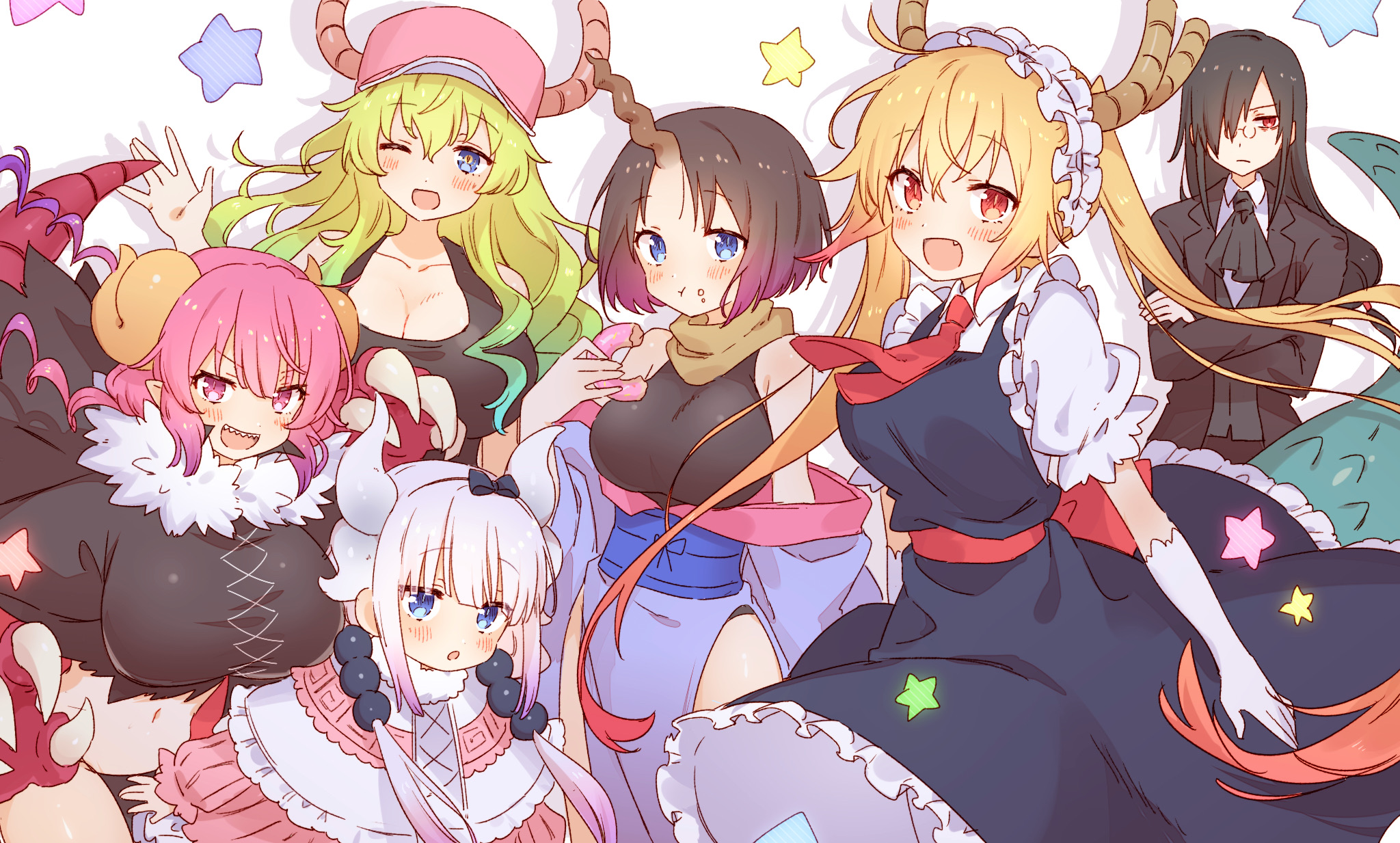elma_(maidragon) fafnir horns ilulu japanese_clothes kanna_kamui kobayashi-san_chi_no_maidragon maid megane monster_girl pointy_ears quetzalcoatl_(maidragon) tagme tail tooru_(maidragon)