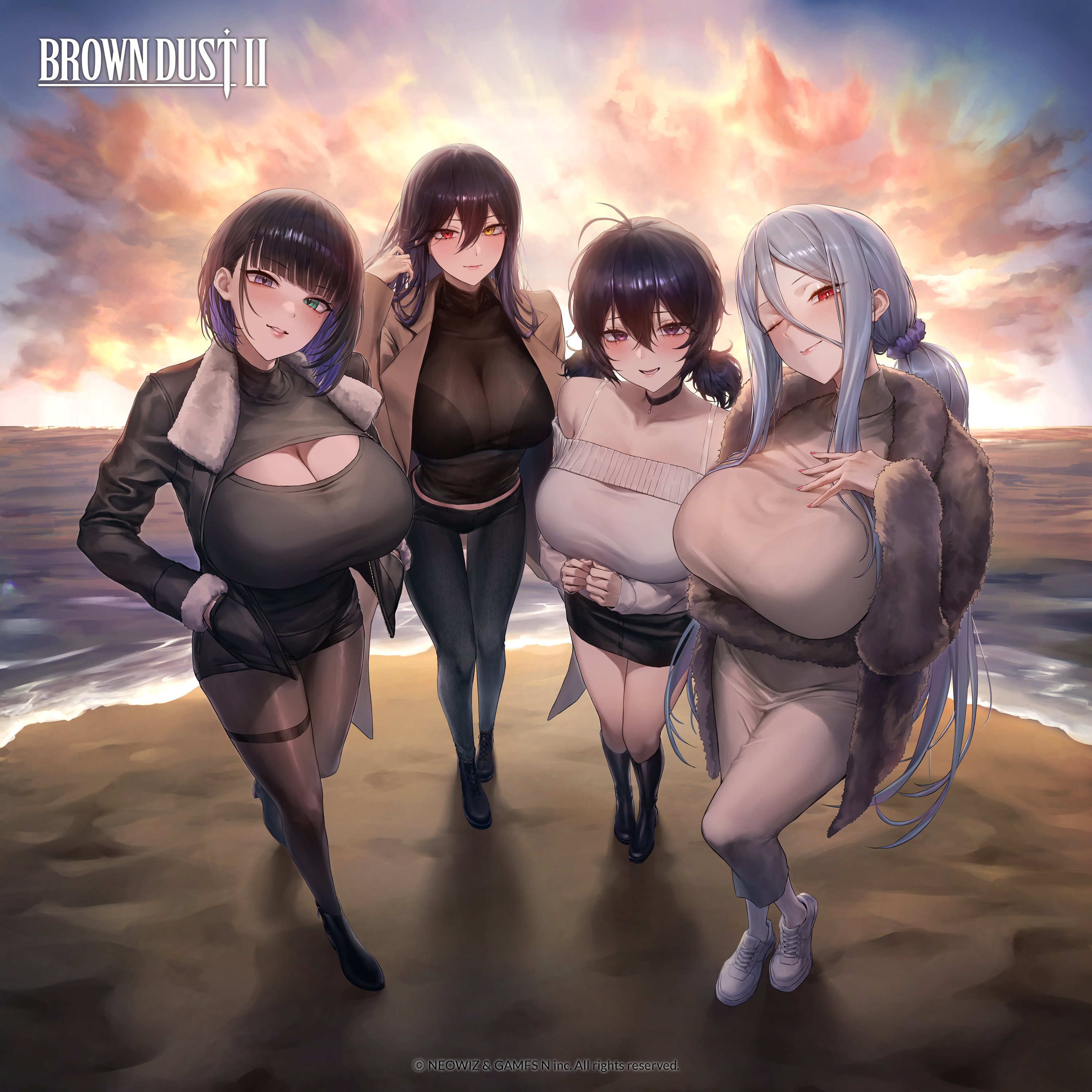 bra brown_dust_ii dress heels heterochromia levia_(brown_dust_ii) loen_(brown_dust_ii) luvencia monegi morpeah pantyhose see_through sweater