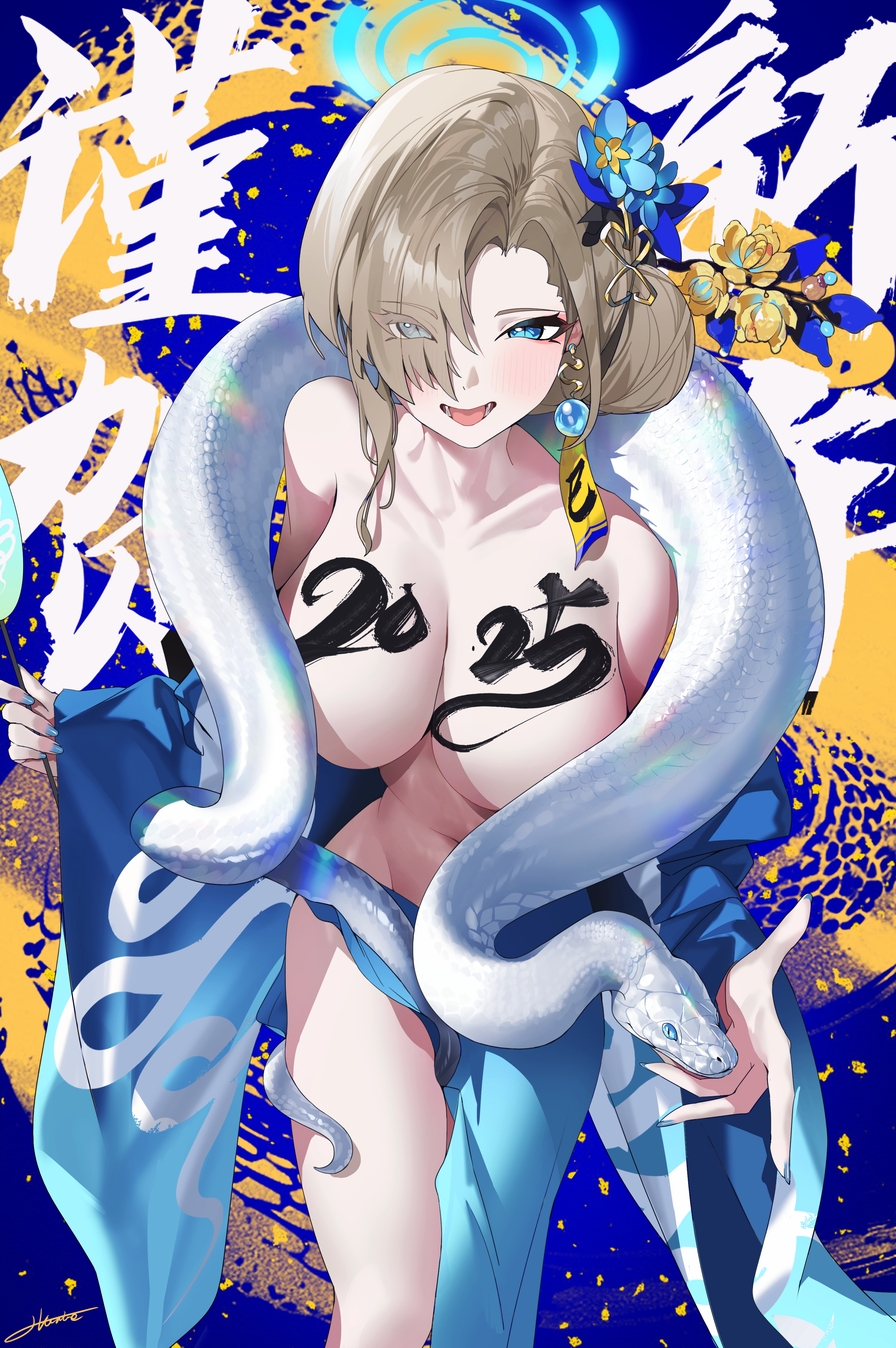 blue_archive breasts haine_1871 halo ichinose_asuna kimono no_bra open_shirt