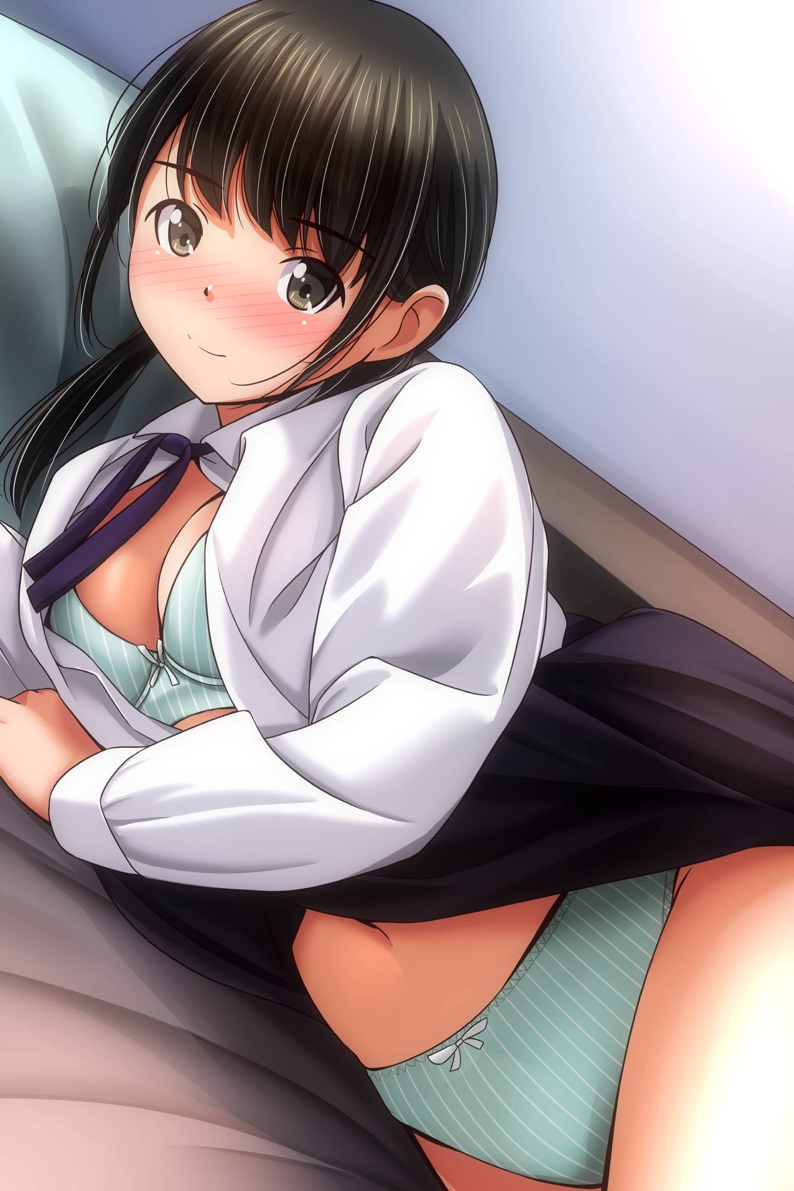 bra matsunaga_kouyou open_shirt pantsu seifuku shimapan skirt_lift