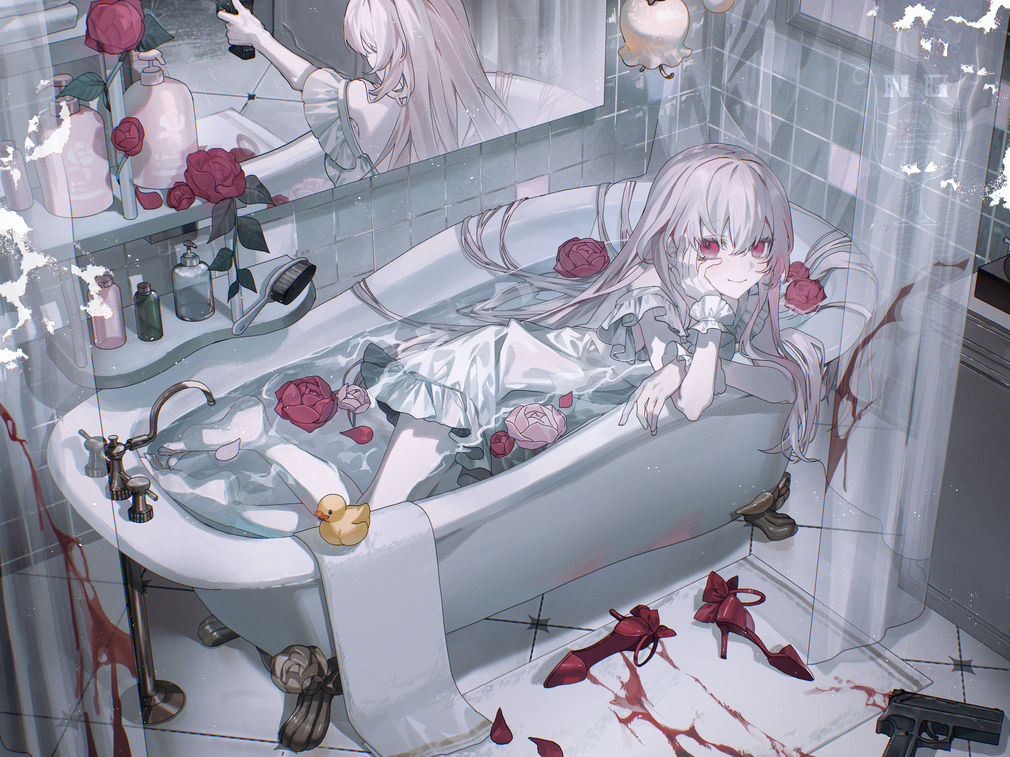 blood dress gun iwai_ku_tsuki see_through wet wet_clothes