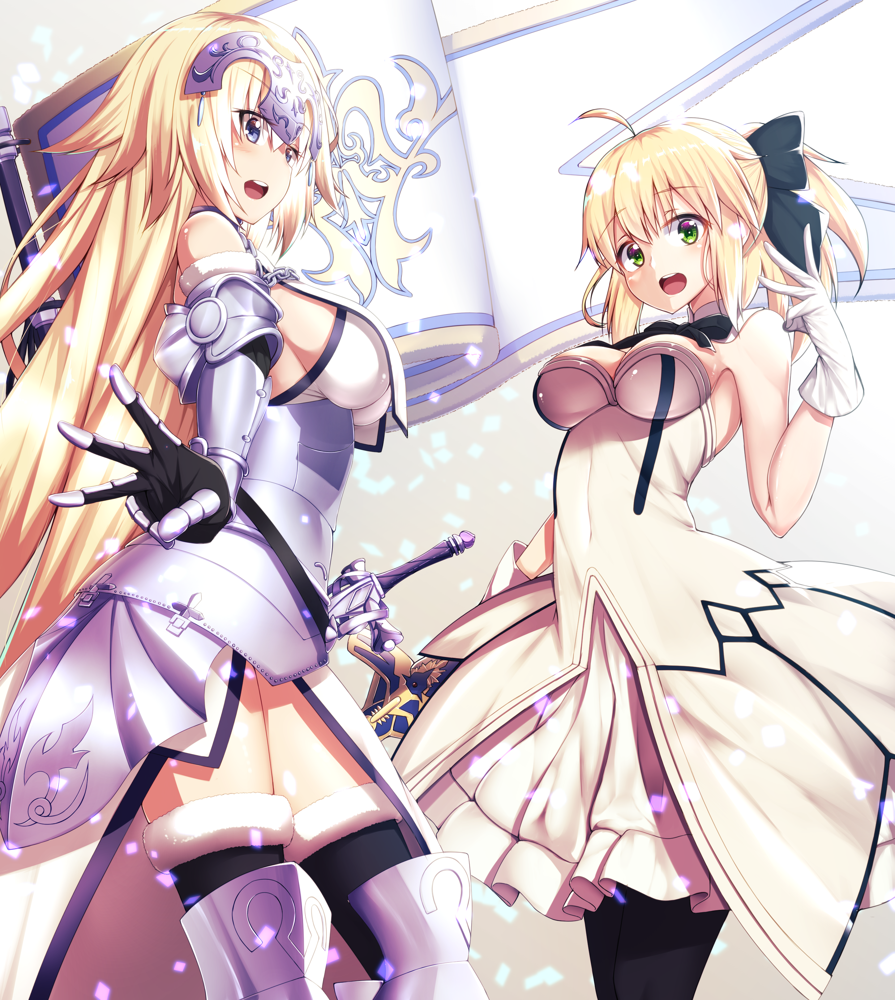 armor cleavage dress fate/grand_order jeanne_d'arc jeanne_d'arc_(fate) kawaruhi pantyhose saber saber_lily sword thighhighs