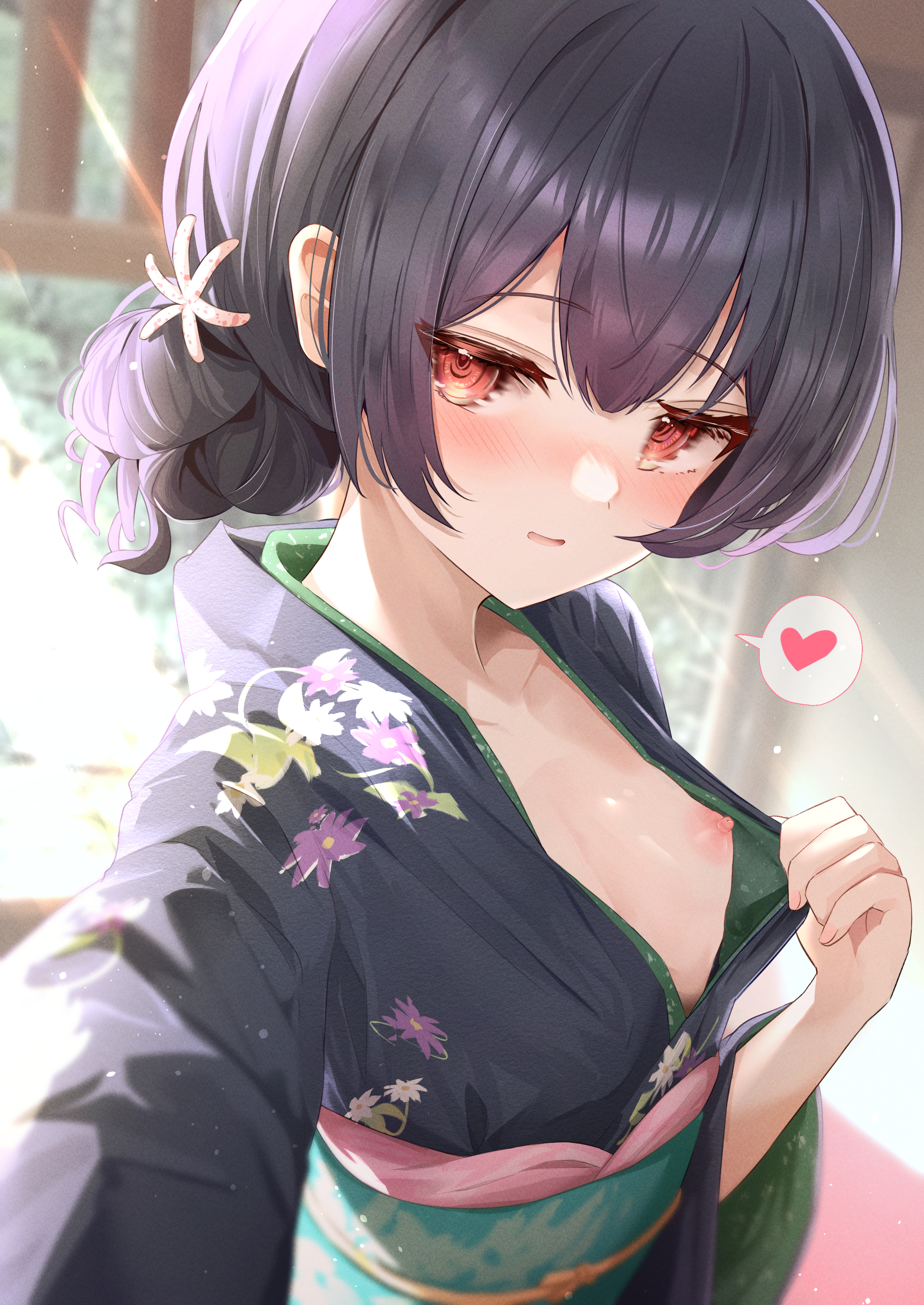 breasts kimono morino_rinze nipples no_bra open_shirt selfie sky_cappuccino the_idolm@ster the_idolm@ster_shiny_colors undressing