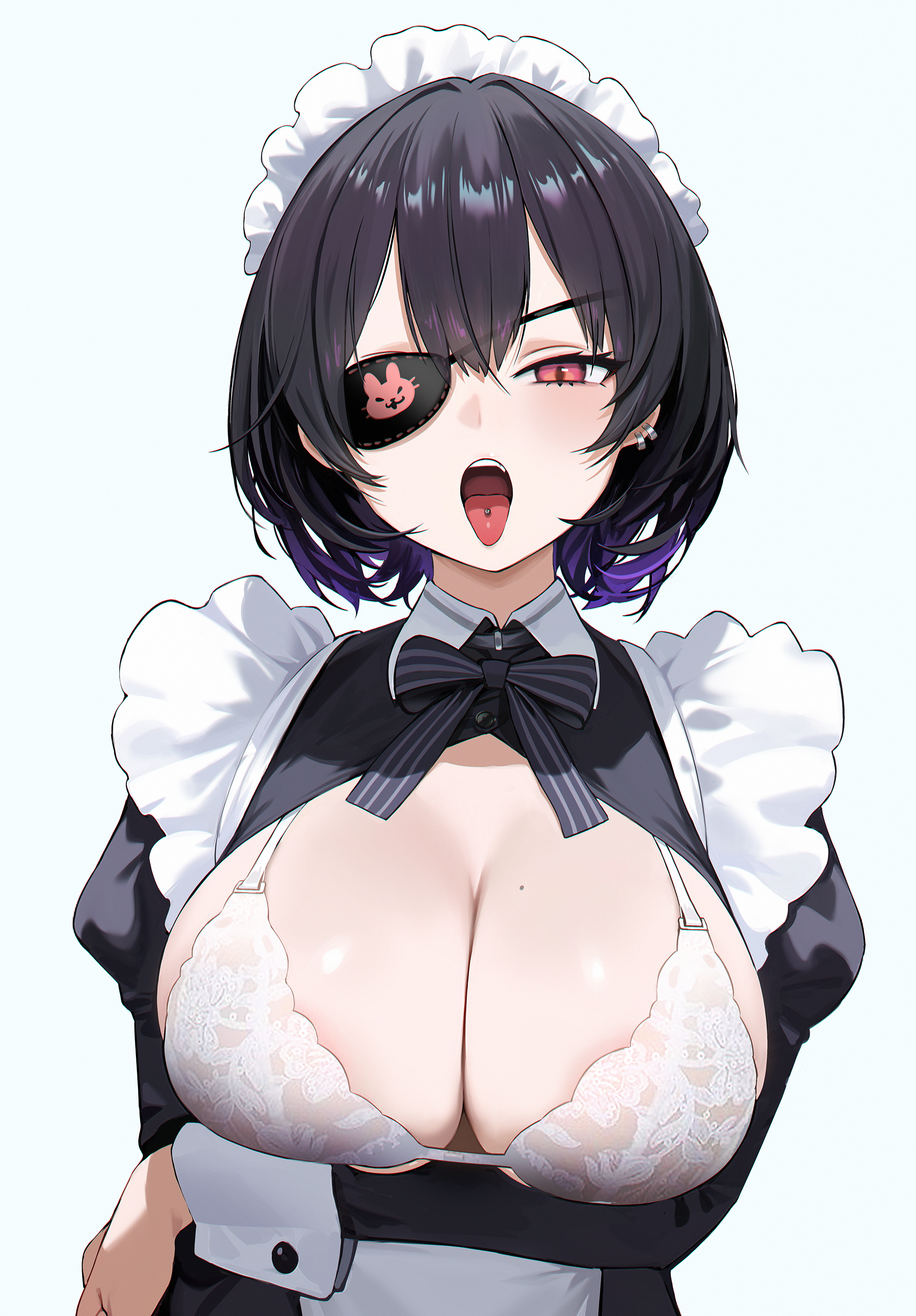 bra breast_hold eyepatch maid open_shirt starcat