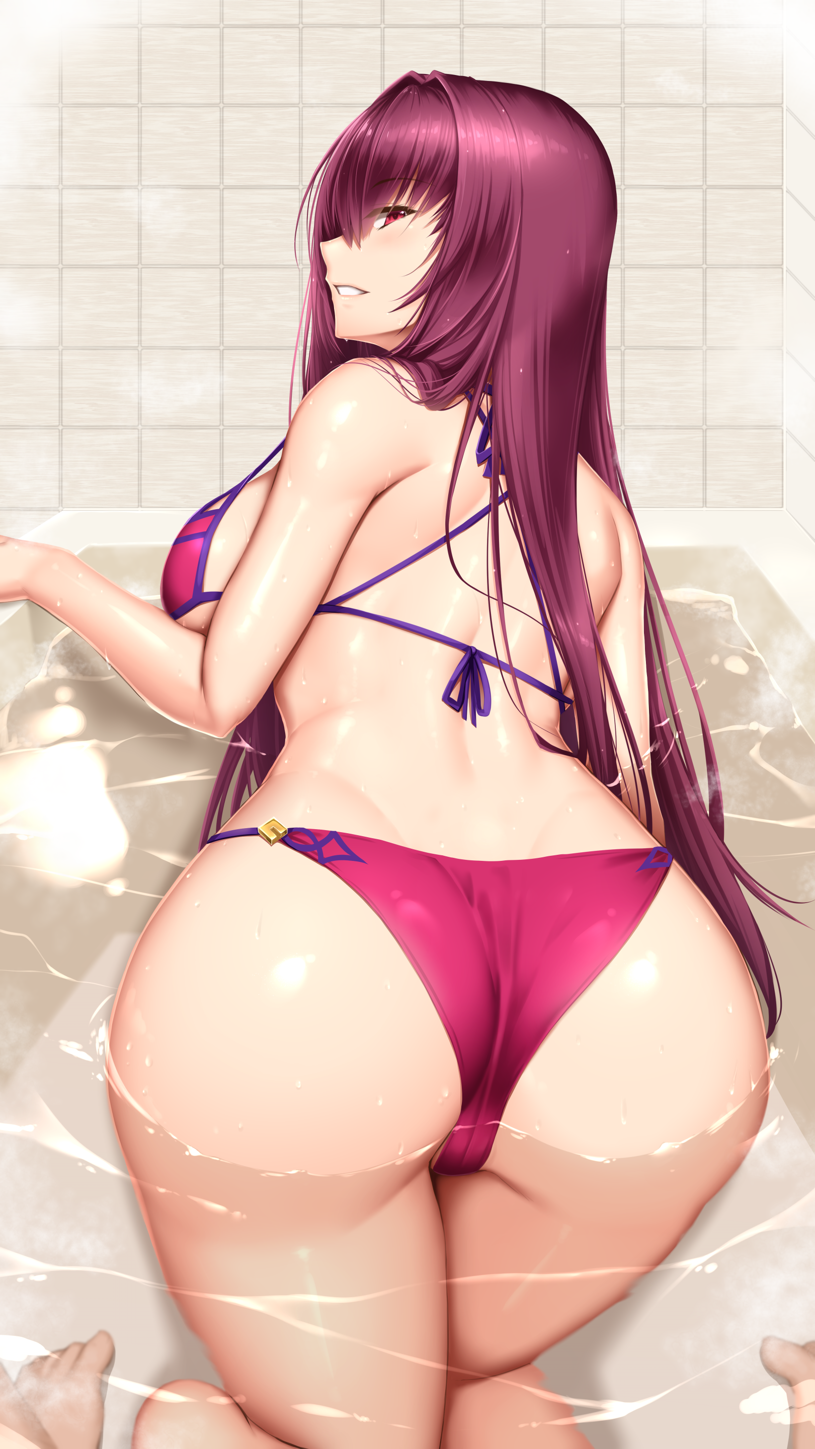 ass bathing bikini cameltoe fate/grand_order scathach_(fate) shuugetsu_karasu swimsuits wet
