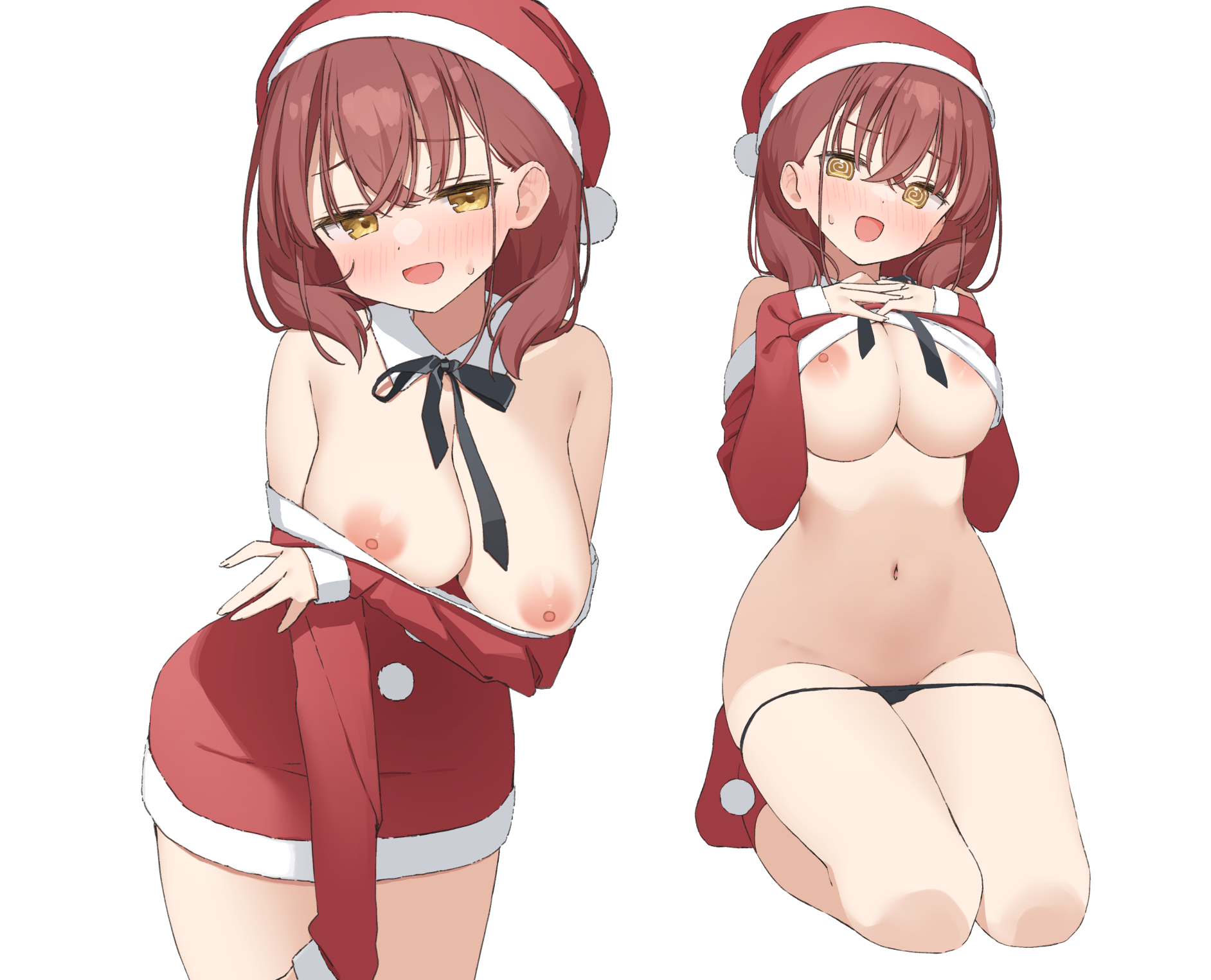 akari_(muninshiki) areola breast_hold breasts christmas dress muninshiki nipples no_bra pantsu panty_pull shirt_lift