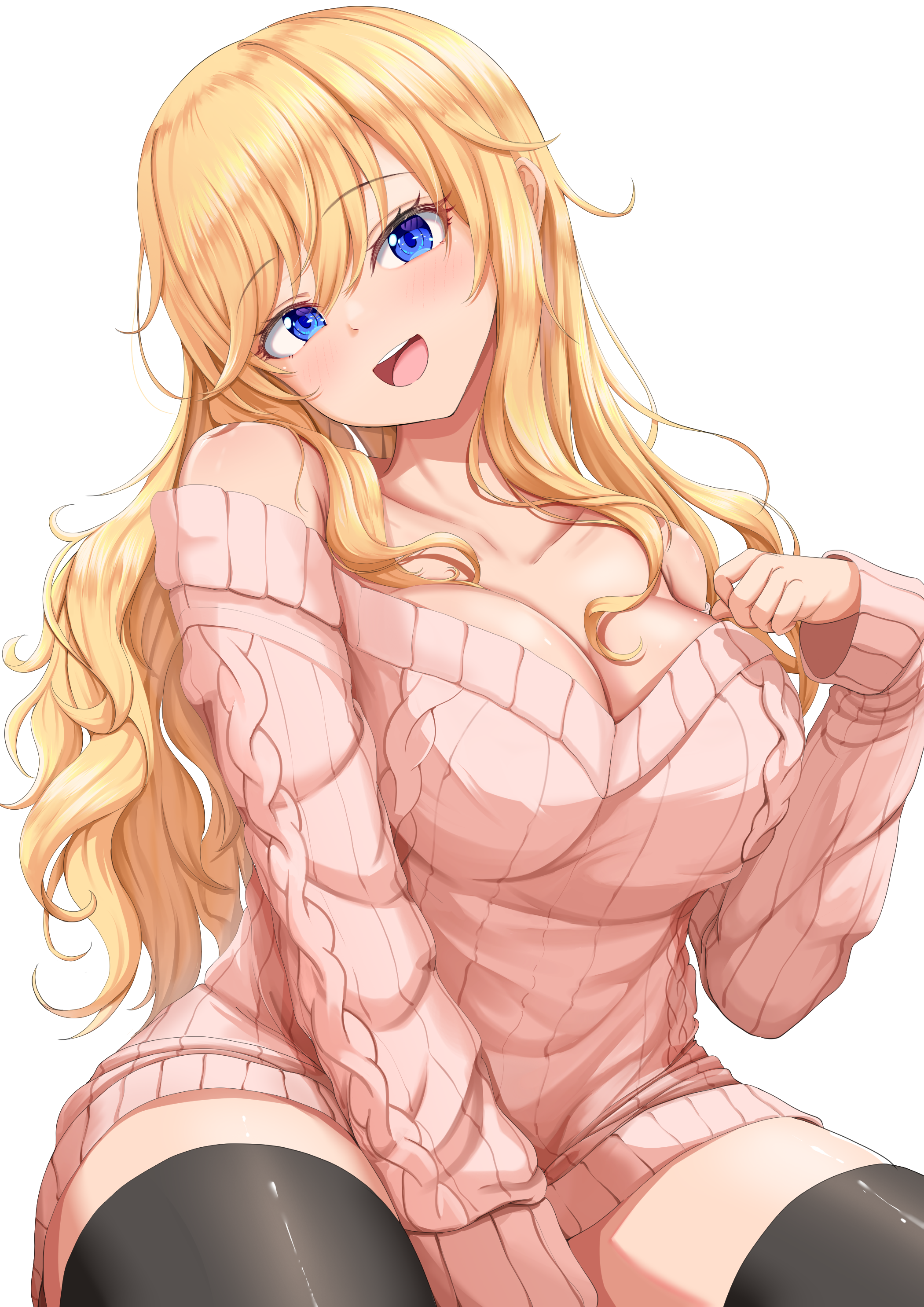 dress hachi7515 no_bra ootsuki_yui sweater the_idolm@ster the_idolm@ster_cinderella_girls thighhighs