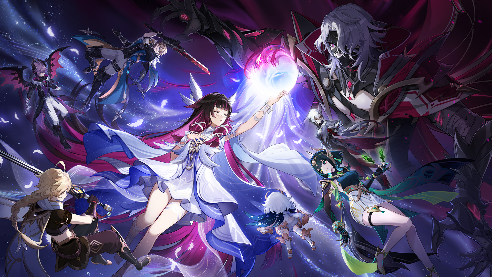 aether arlecchino columbina dress durin garter genshin_impact heels horns nefer paimon rerir sword tagme thighhighs varka wallpaper weapon wings