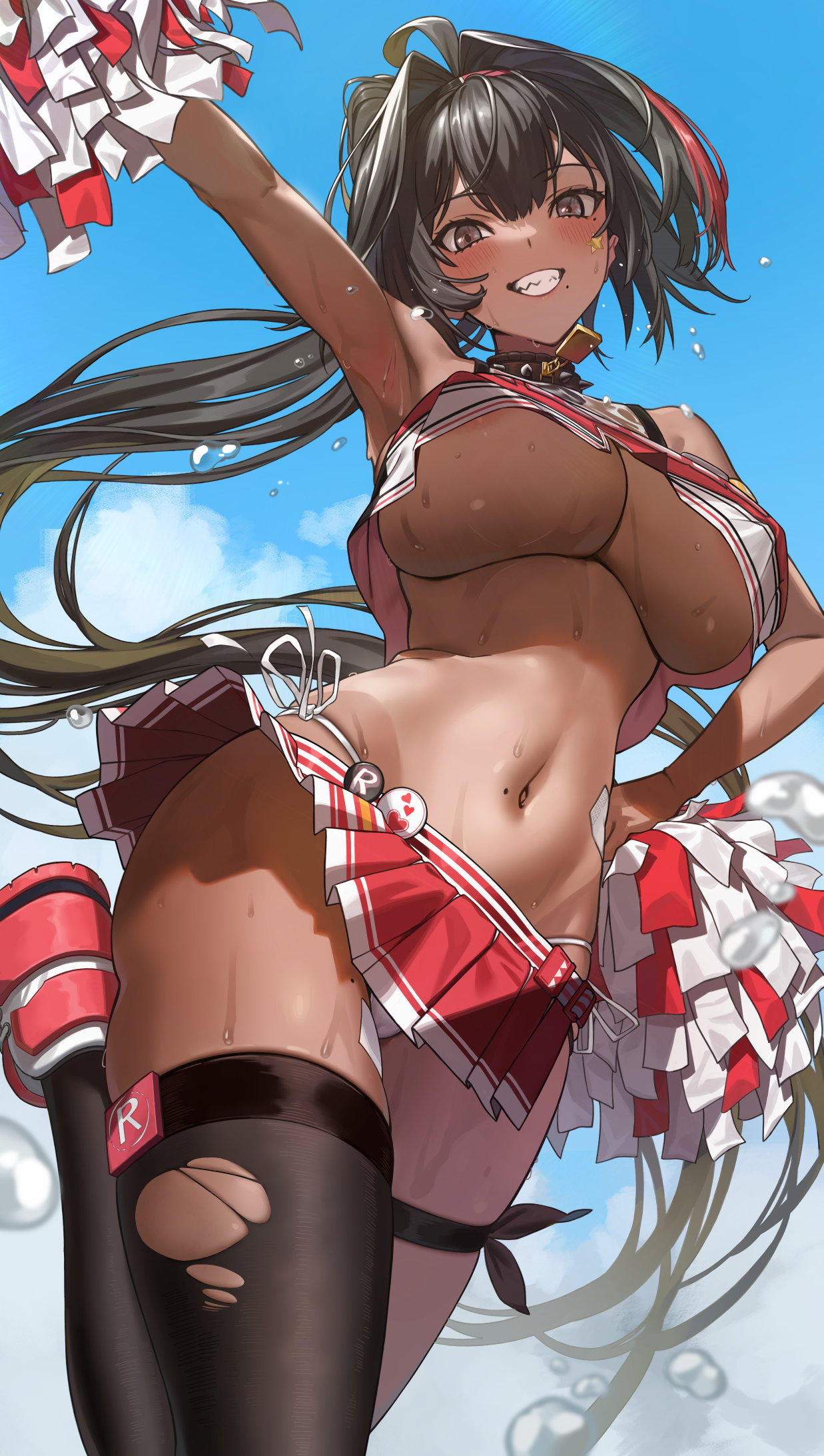 bay cheerleader erect_nipples garter goddess_of_victory:_nikke no_bra pantsu skirt_lift tattoo thighhighs torn_clothes underboob wet yukiman1056