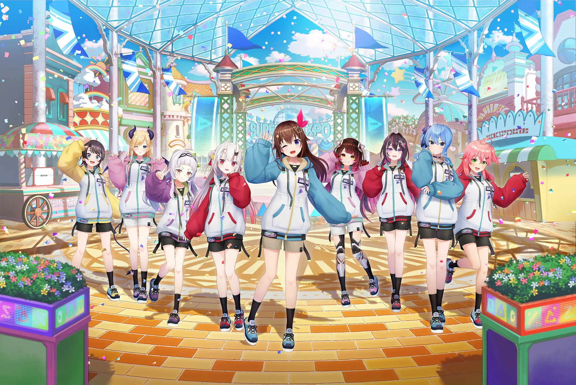 azki_(hololive) hololive horns hoshimachi_suisei murasaki_shion nakiri_ayame oozora_subaru pointy_ears roboco-san sakura_miko tagme tail tokino_sora uniform wings yuzuki_choco