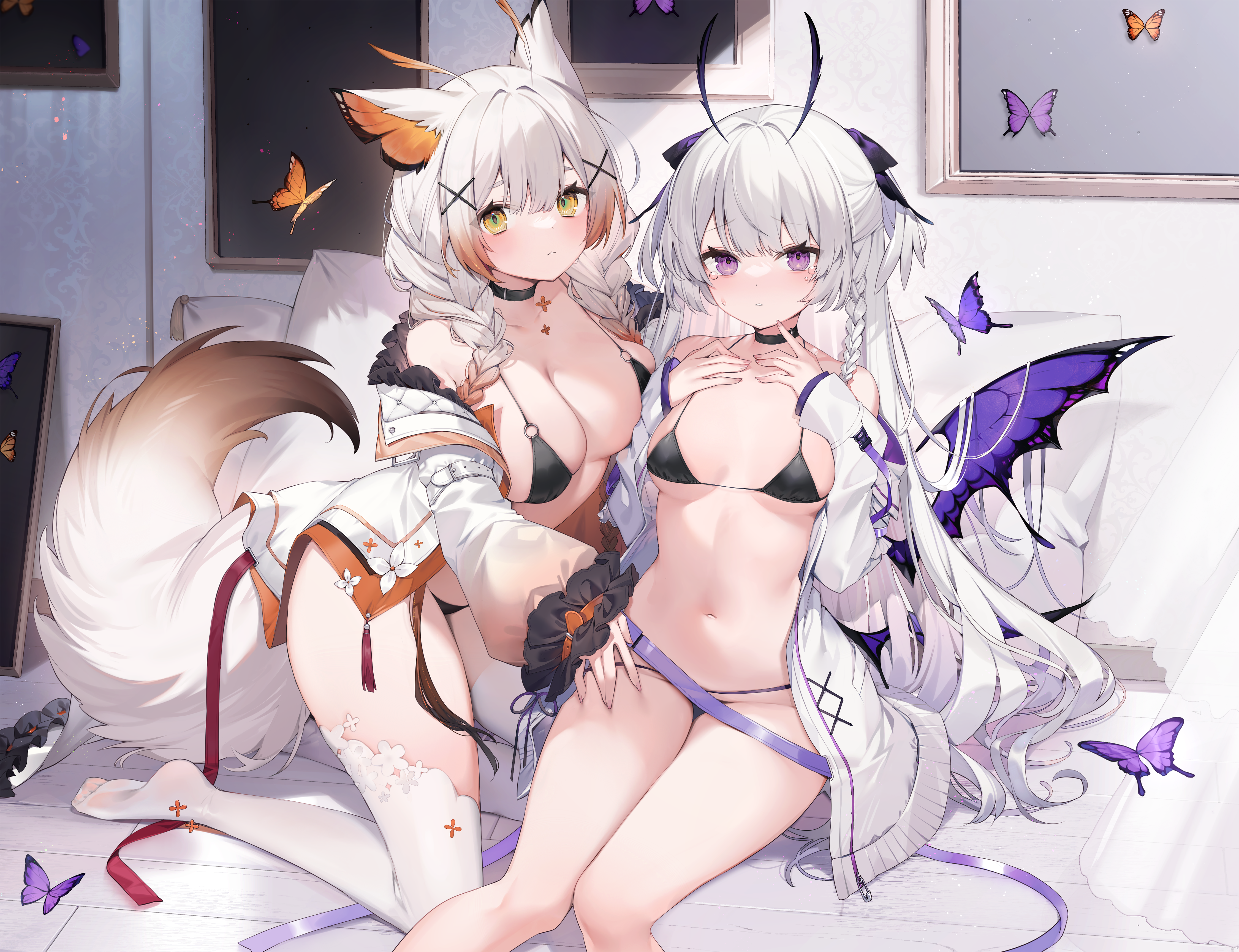 animal_ears bikini detexted muryo open_shirt swimsuits tail thighhighs wings