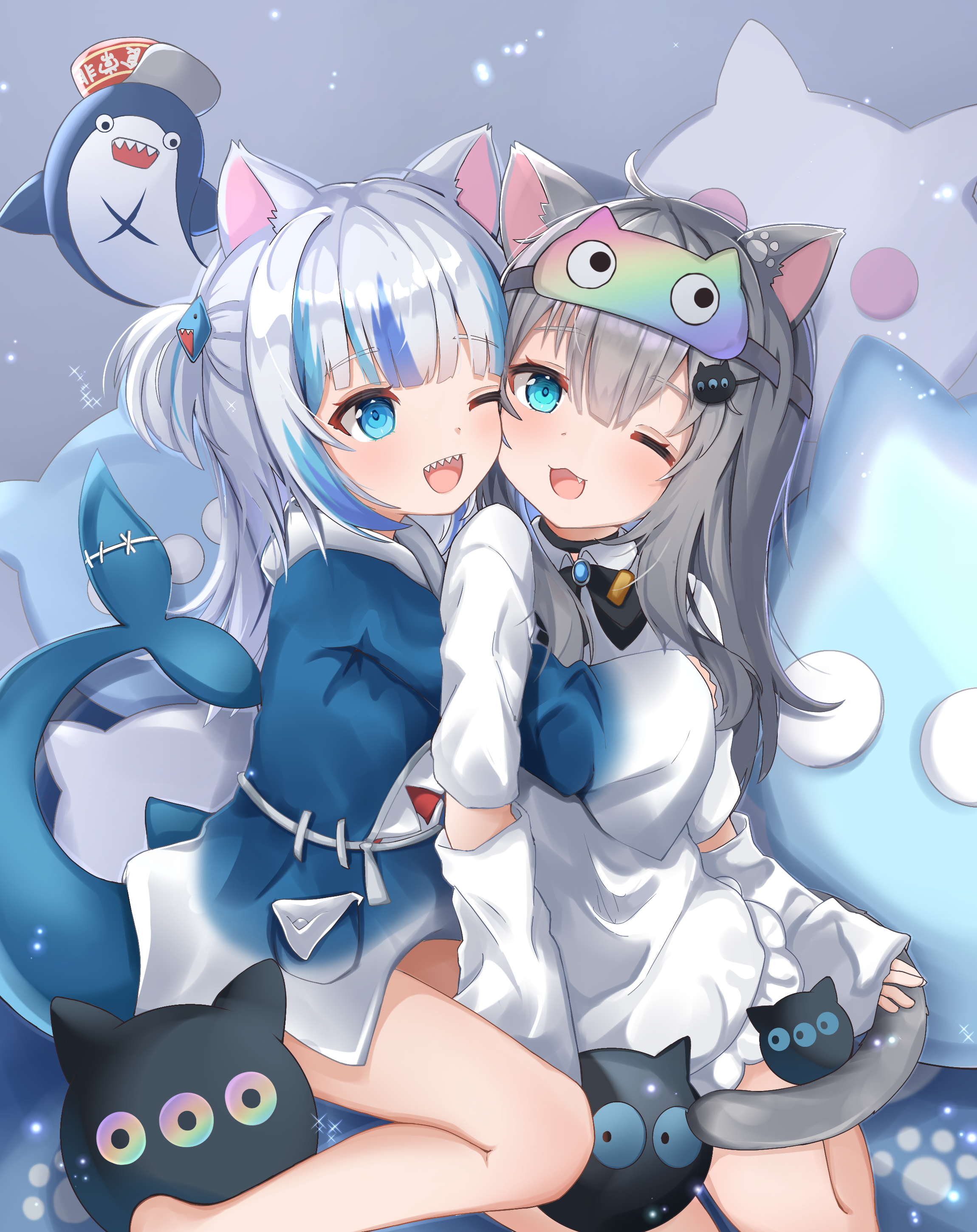 animal_ears dress gawr_gura hololive hololive_english indie_virtual_youtuber nacho_(amashiro_natsuki) nekomimi nekopurin_(nyanko_prin) tail yuri