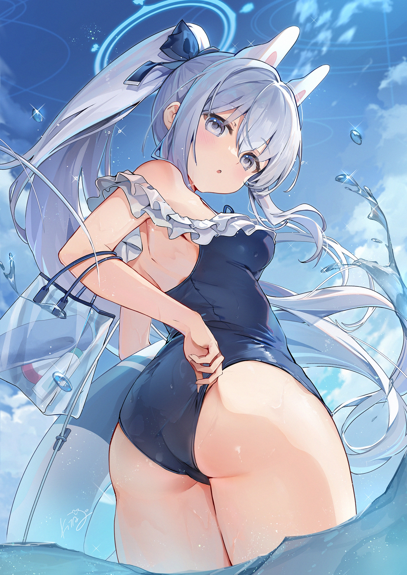 animal_ears ass blue_archive bunny_ears halo kita_(kitairoha) swimsuits tsukiyuki_miyako wet