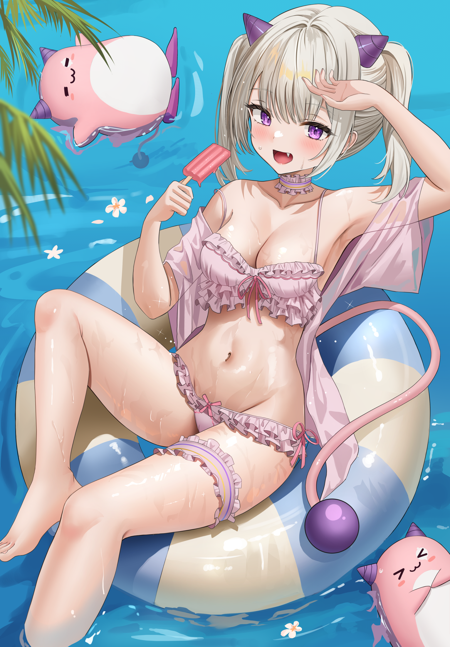 bra garter horns iino_(isnyong) open_shirt pantsu panty_pull see_through tail wet wet_clothes