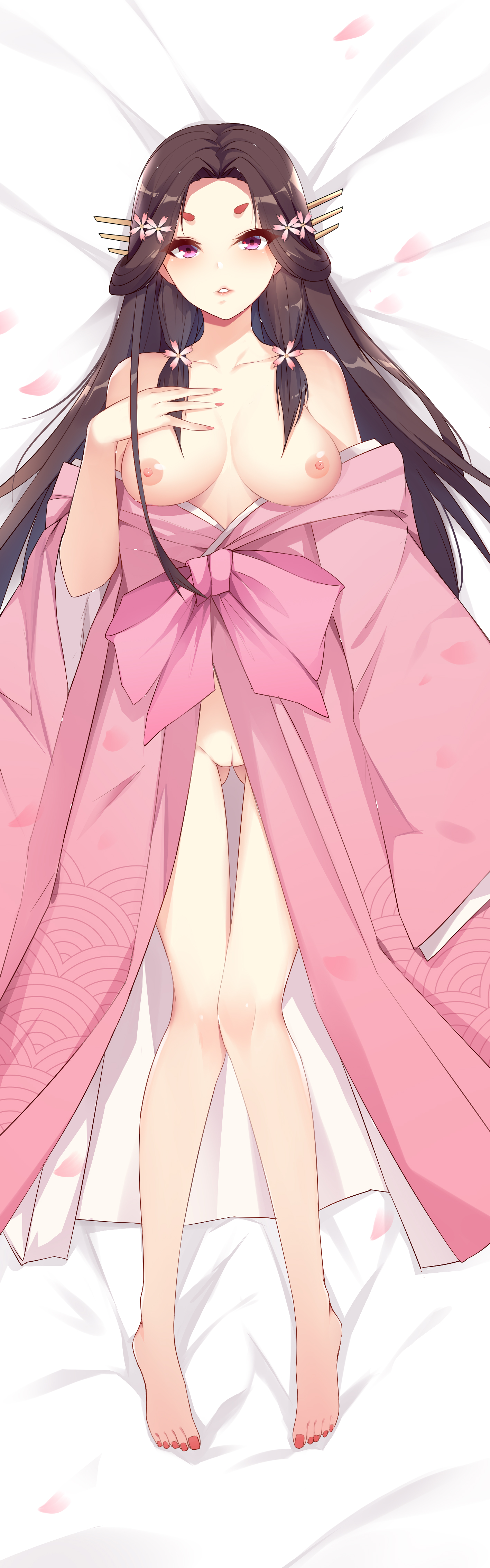 breast_hold breasts dakimakura japanese_clothes nipples no_bra nopan open_shirt p-a-cheng pussy uncensored