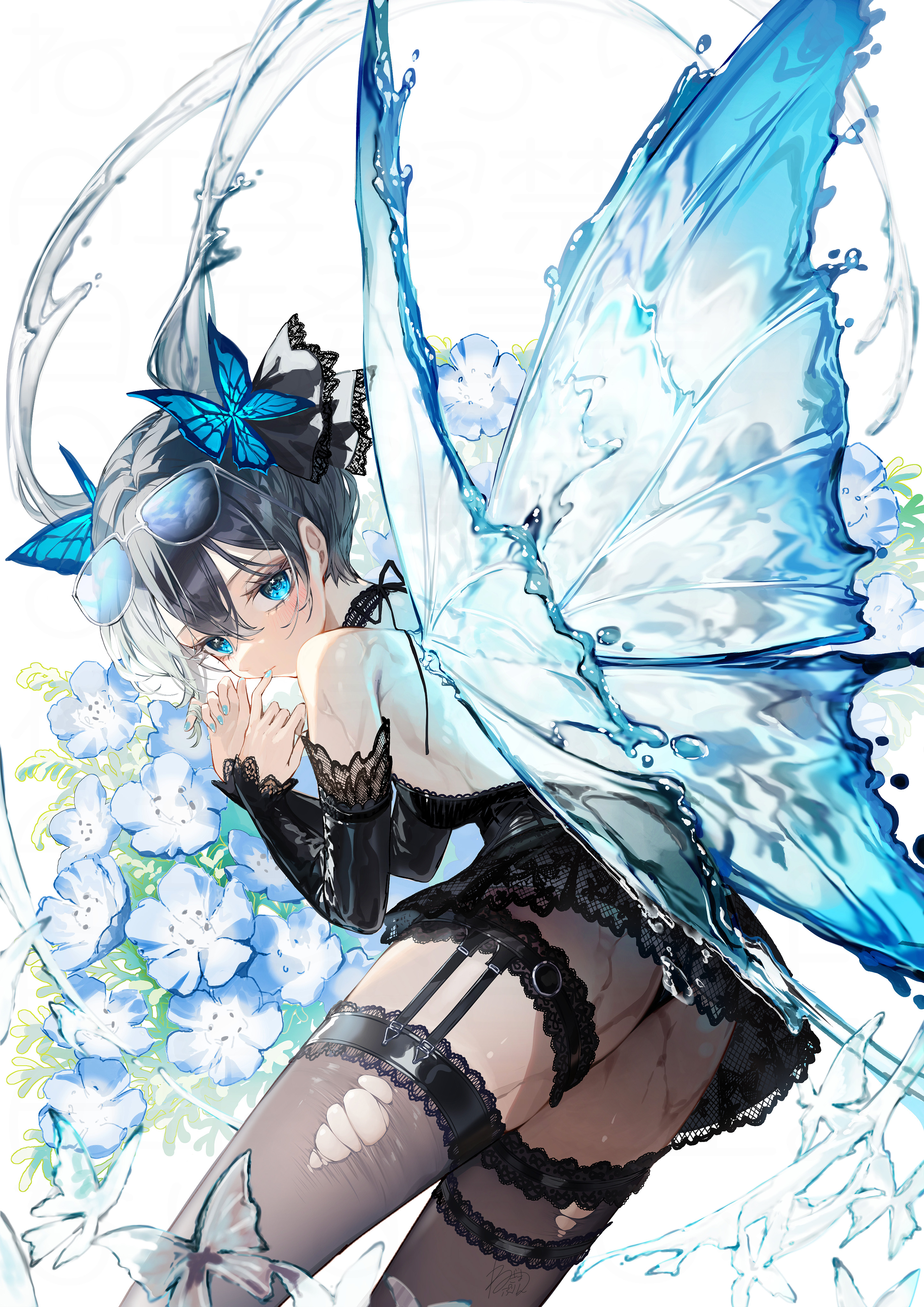 ass garter megane negimapurinn no_bra pantsu skirt_lift stockings thighhighs thong torn_clothes wings