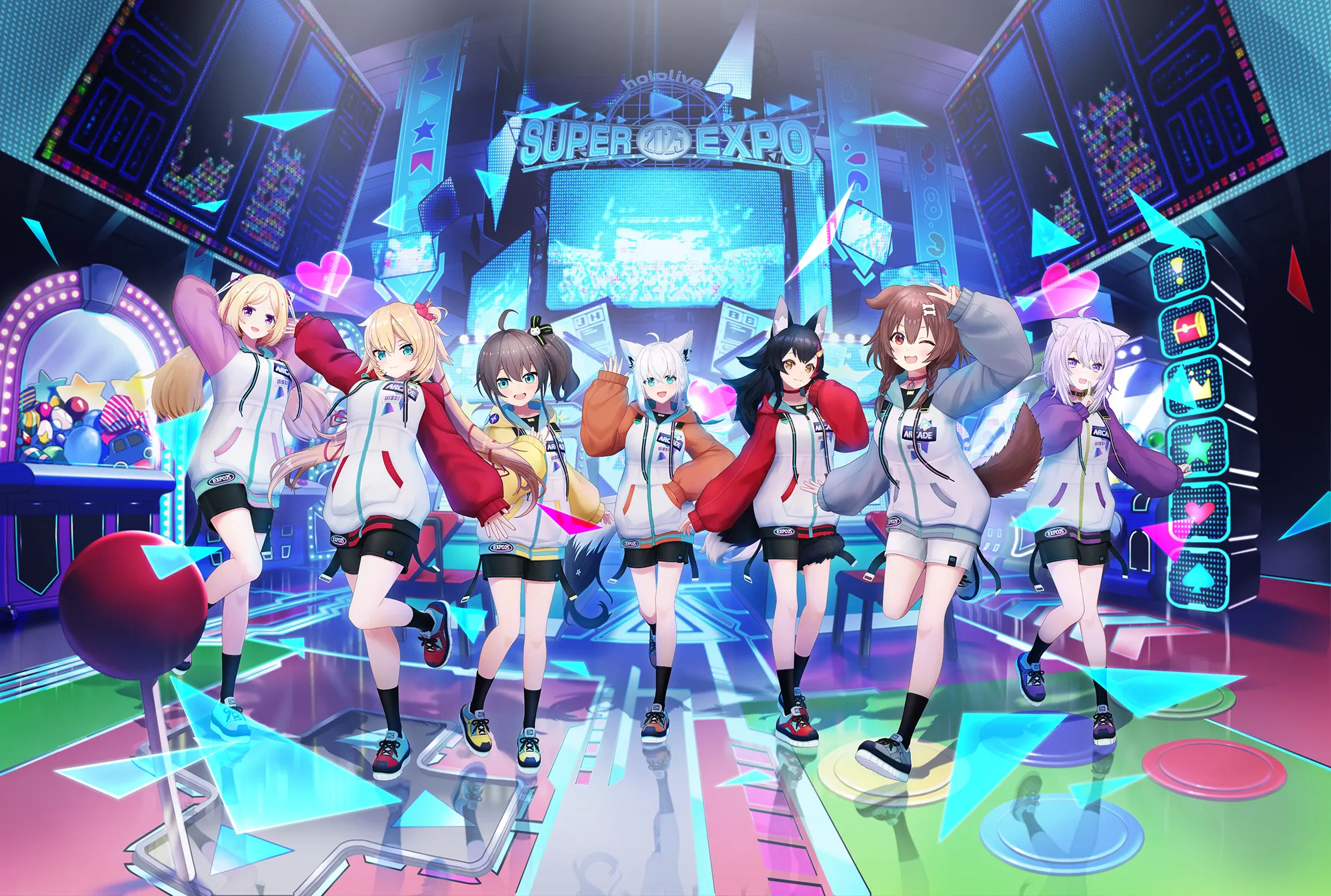 akai_haato aki_rosenthal animal_ears hololive hololive_gamers inugami_korone inumimi kitsune natsuiro_matsuri nekomata_okayu nekomimi ookami_mio shirakami_fubuki tagme tail uniform