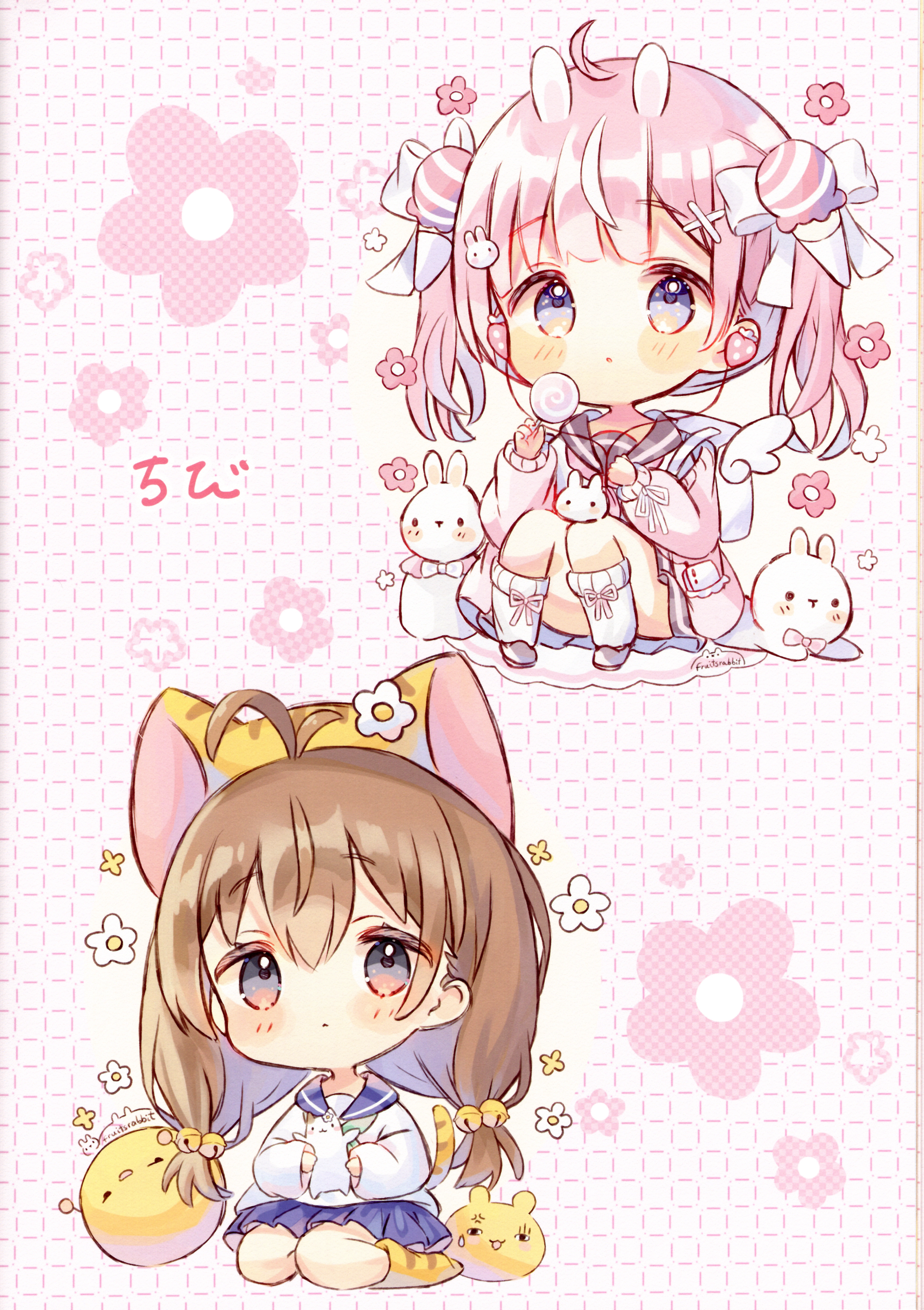 animal_ears bunny_ears chibi di_gi_charat fruitsrabbit neko nekomimi puchiko seifuku skirt_lift tail usapanchieri wings