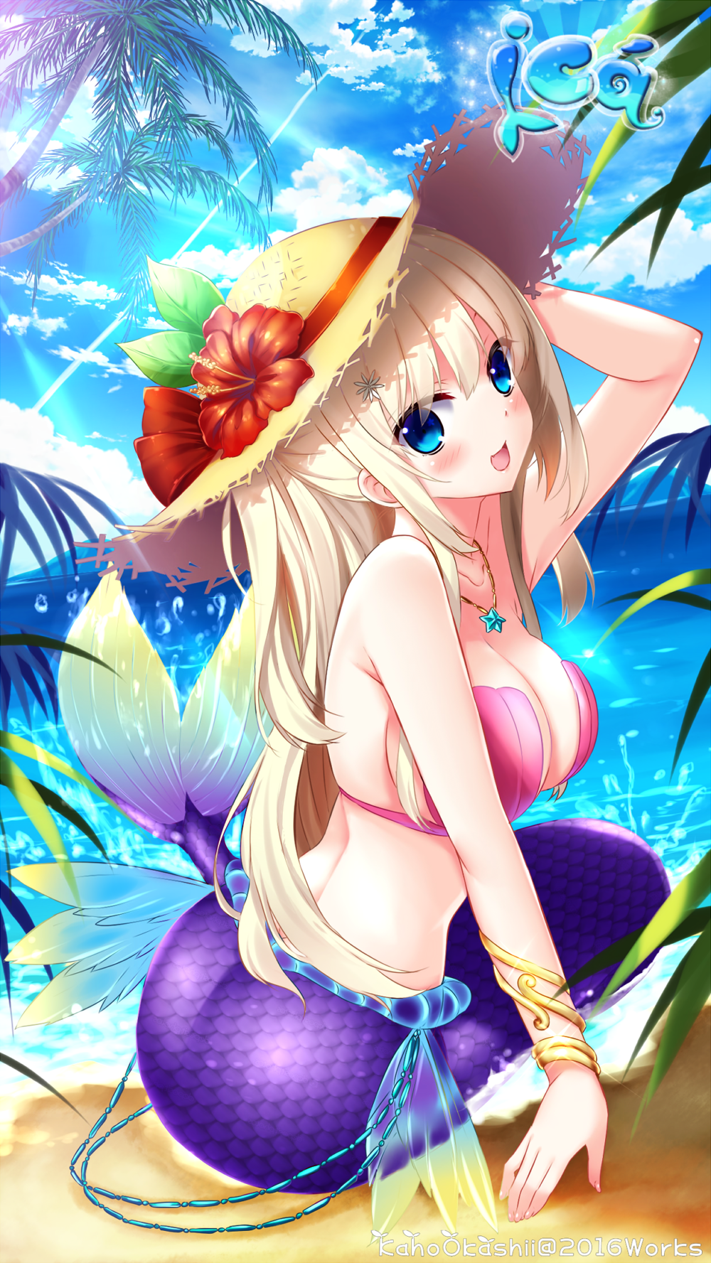 bikini_top cleavage kaho_okashii mermaid monster_girl swimsuits tail wet