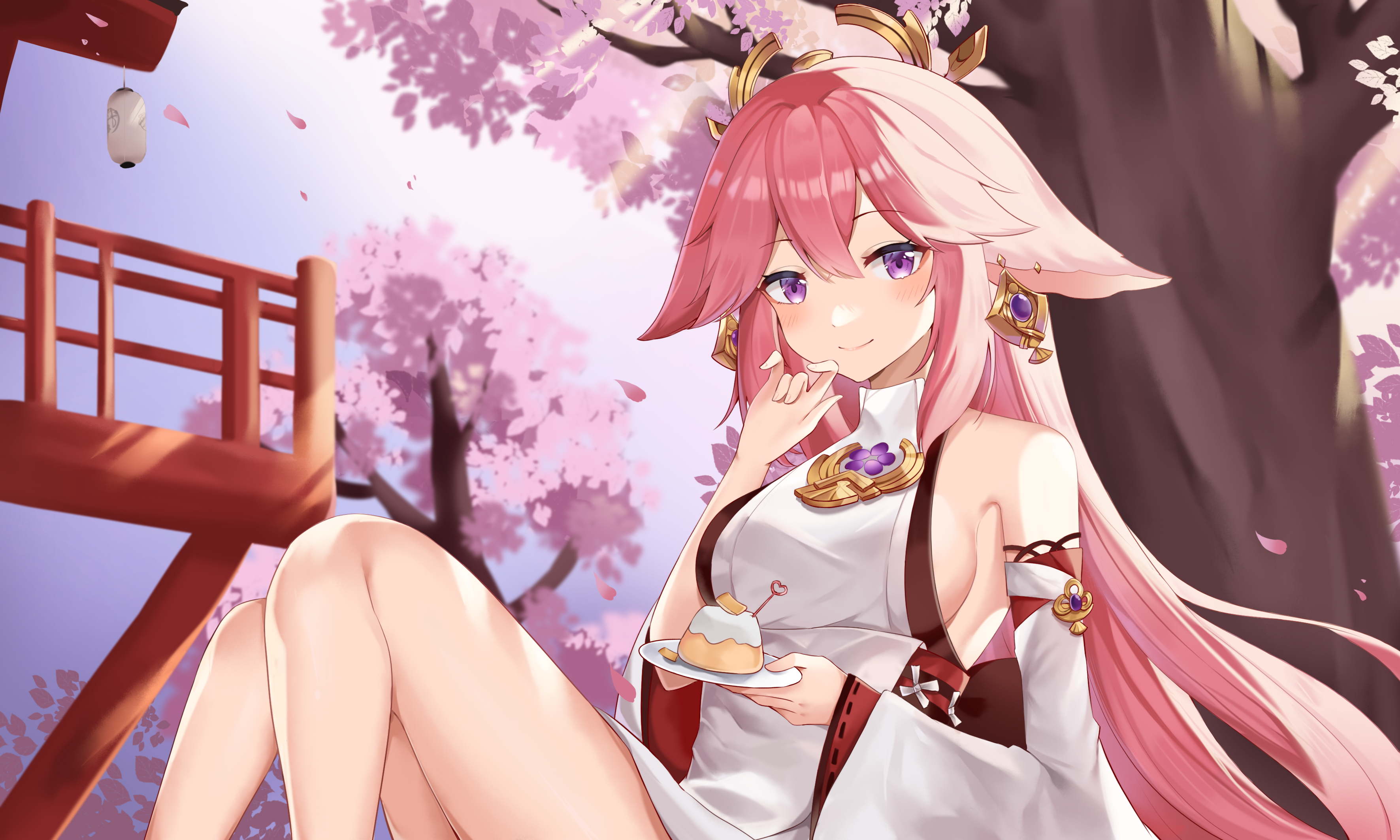 animal_ears genshin_impact japanese_clothes kitsune no_bra shi_zhuzi_da yae_miko